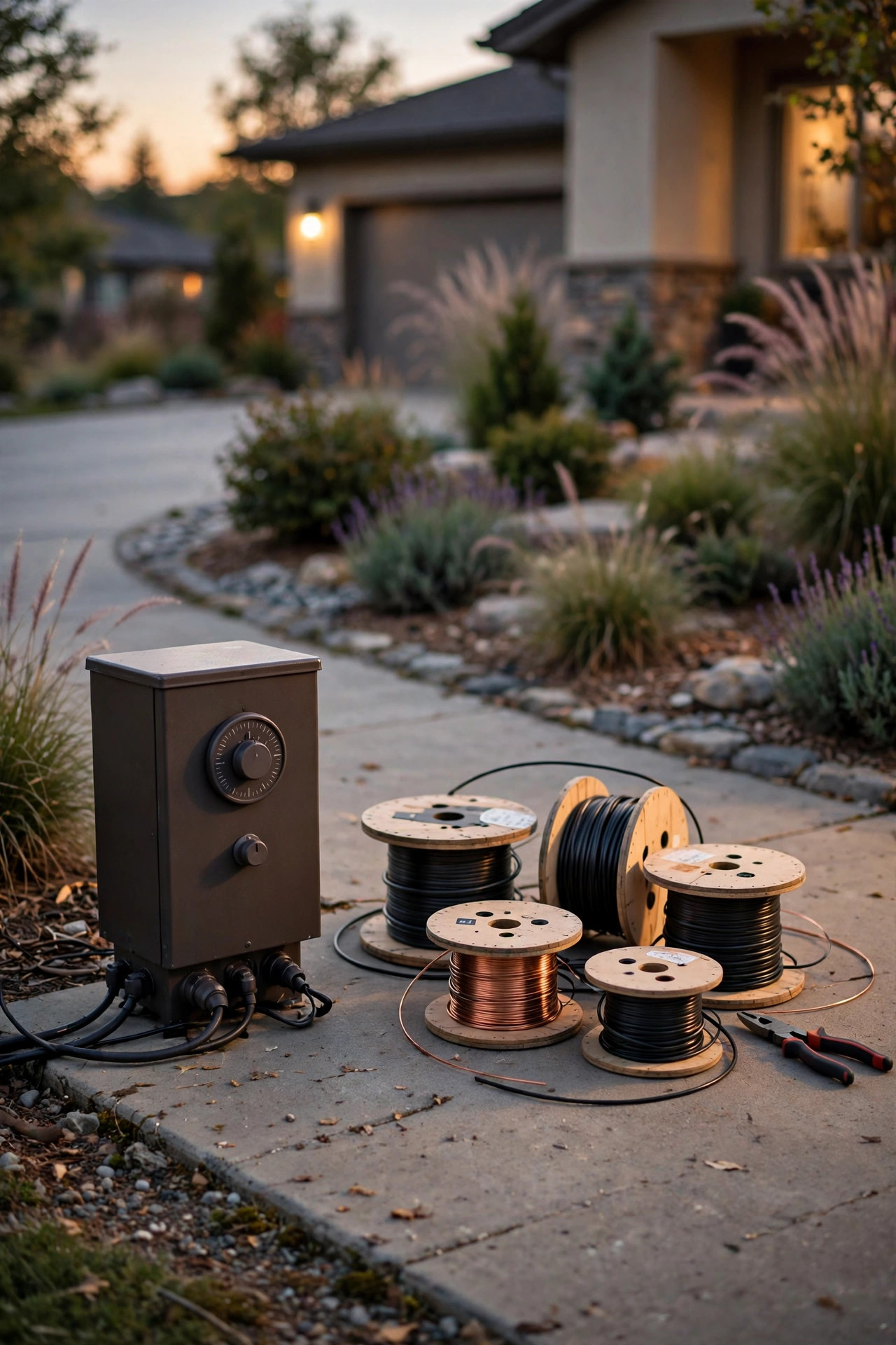 Photorealistic warm dusk view of a low voltage landscape lighting transformer mounted on a house wall with cables running into softly lit garden beds