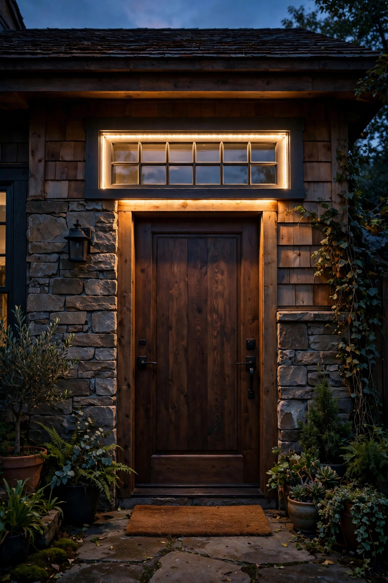 Transom window above a front door glowing from a hidden LED strip in its frame