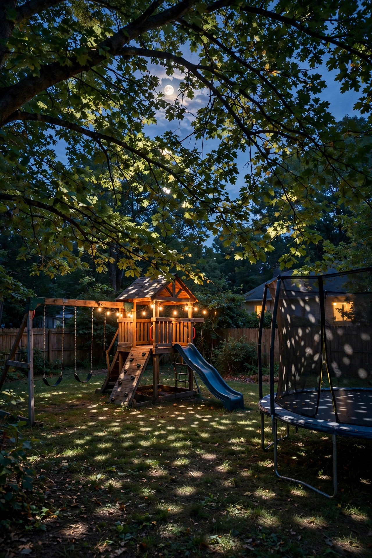 Dappled moonlighting falling through tree branches over a backyard playset and trampoline