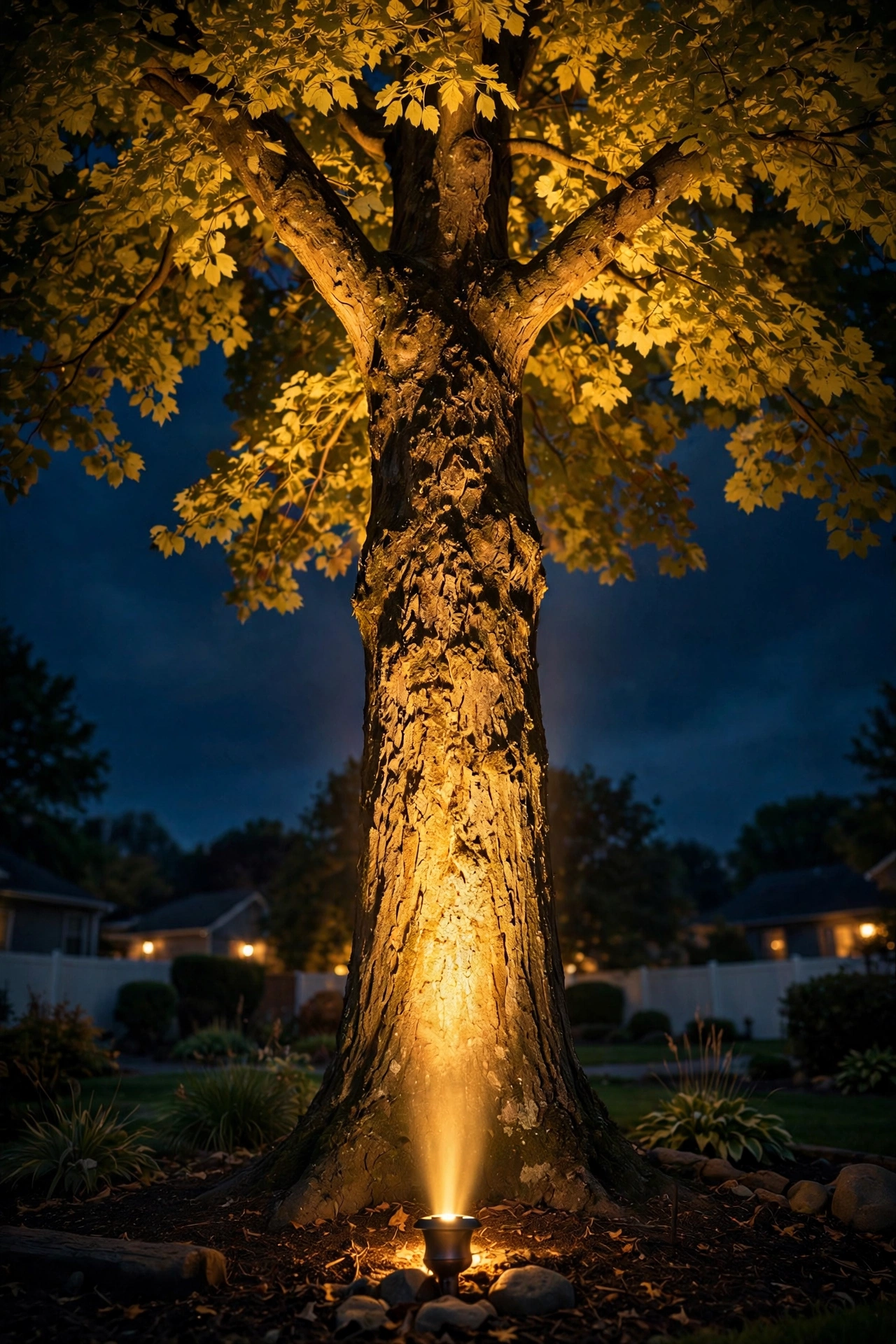 Dramatic uplighting in the accent zone — warm light grazing up a large tree trunk and canopy at night