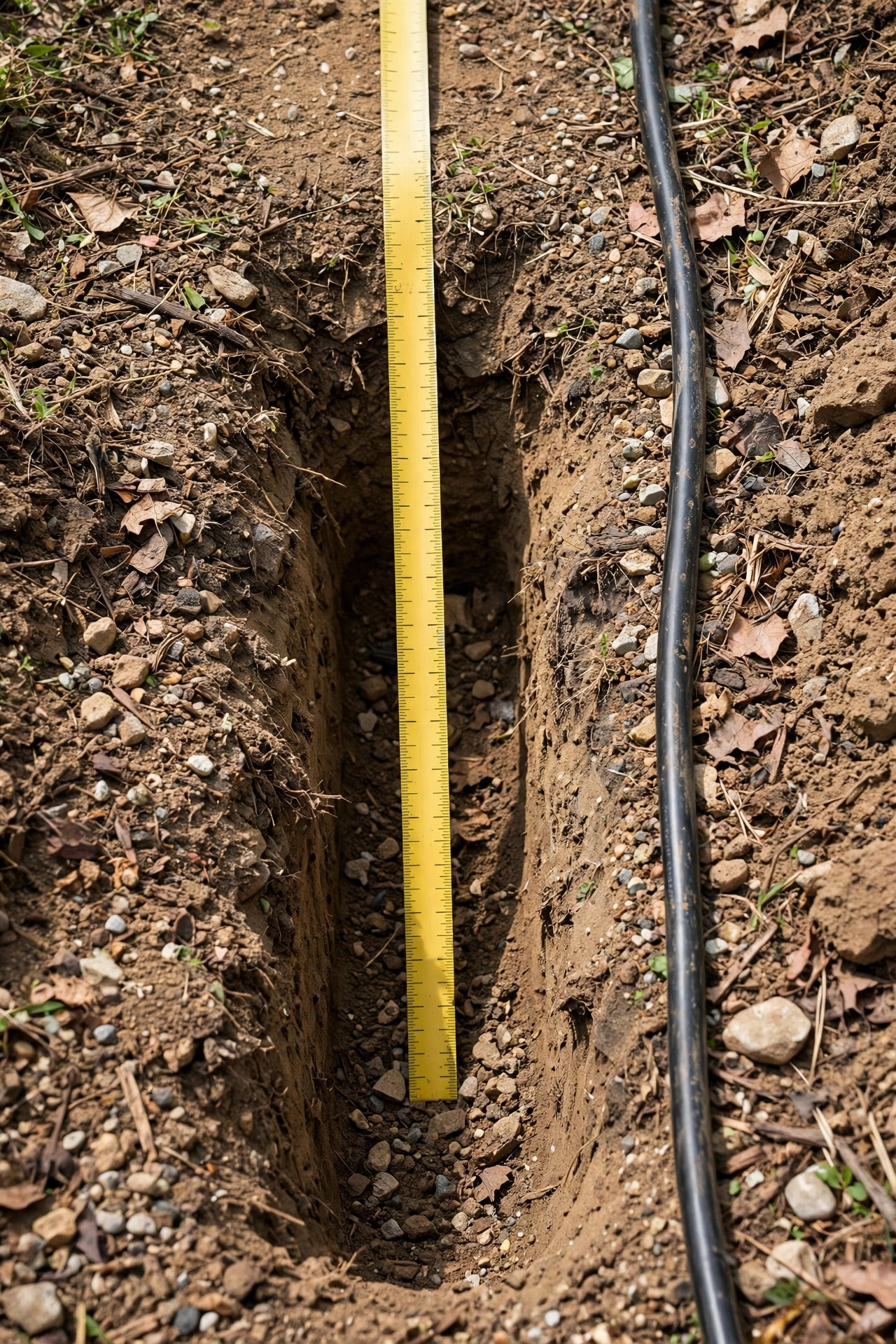 Measuring tape showing six to twelve inches of depth in a narrow trench beside landscape lighting cable