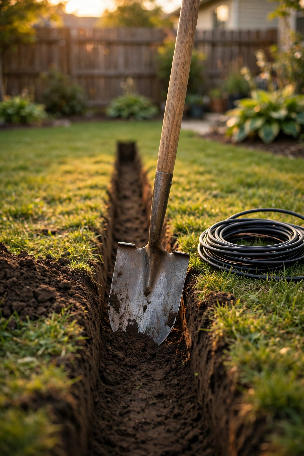 Flat spade opening a narrow trench with low-voltage landscape lighting cable being pressed into the soil at proper burial depth