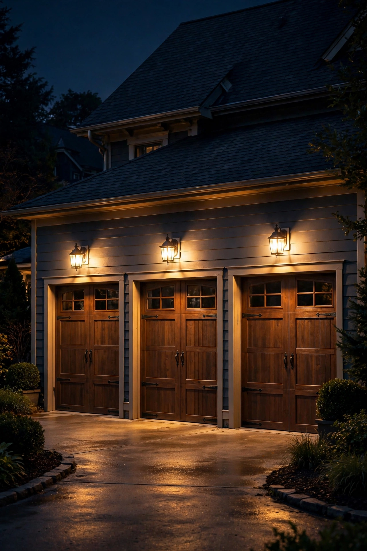 Three-car garage at night with three evenly spaced carriage lanterns glowing across the wall