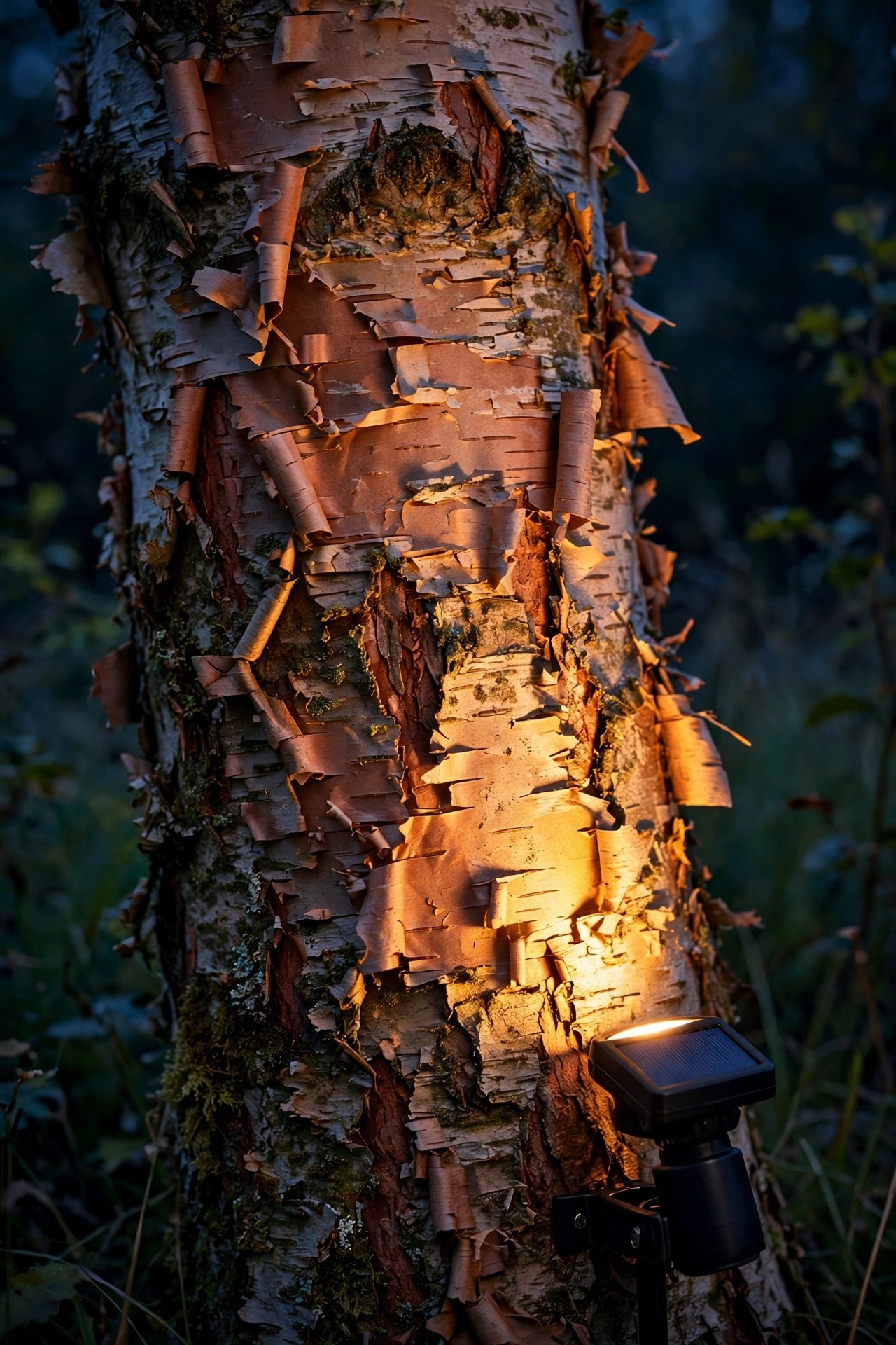 Close view of a solar spotlight grazing light up the textured peeling bark of a river birch trunk at night