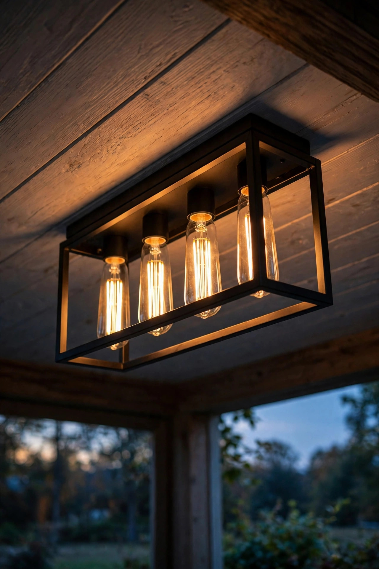 Tubular vintage filament bulbs glowing in an open-frame flush-mount fixture on a porch ceiling at dusk