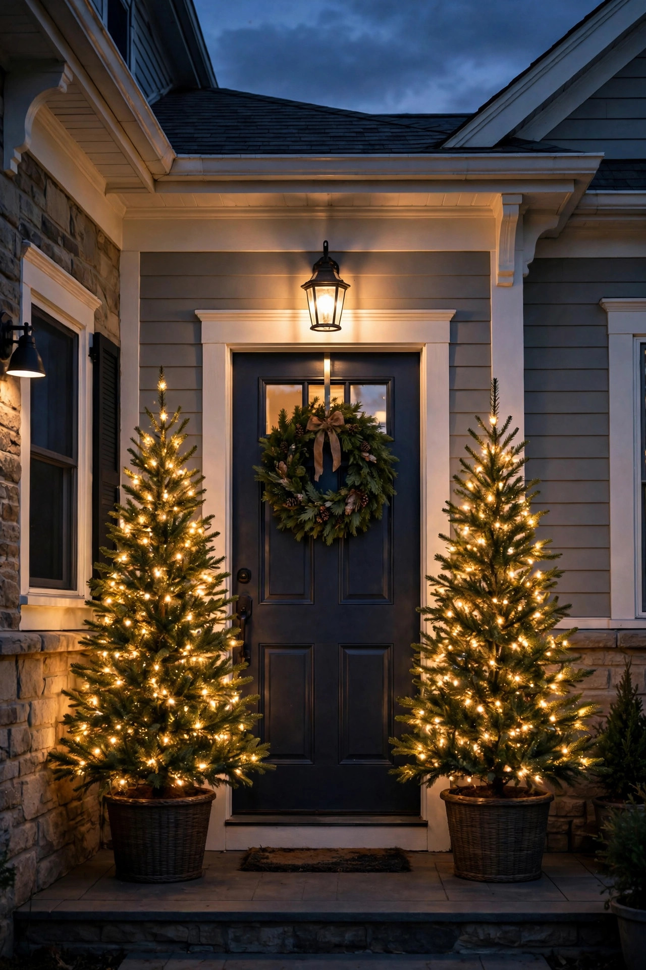 Two pre-lit Christmas trees flanking a front door glowing warmly at night