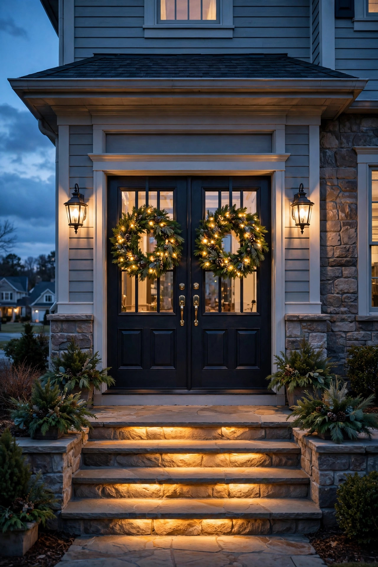Matching pre-lit wreaths with warm lights on double front doors at dusk