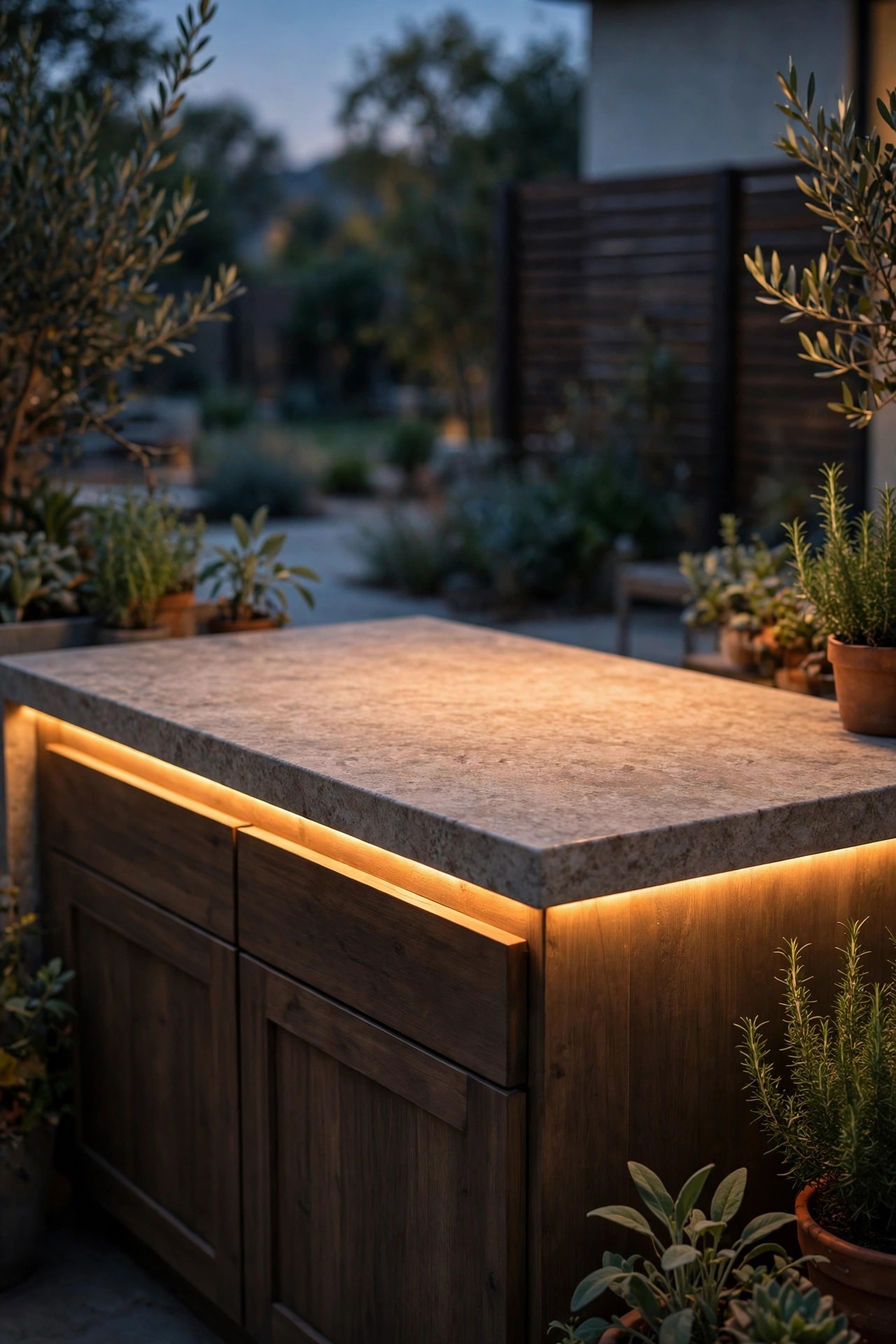 Warm LED strip lighting under an outdoor kitchen island counter, washing the stone work surface in even shadow-free light