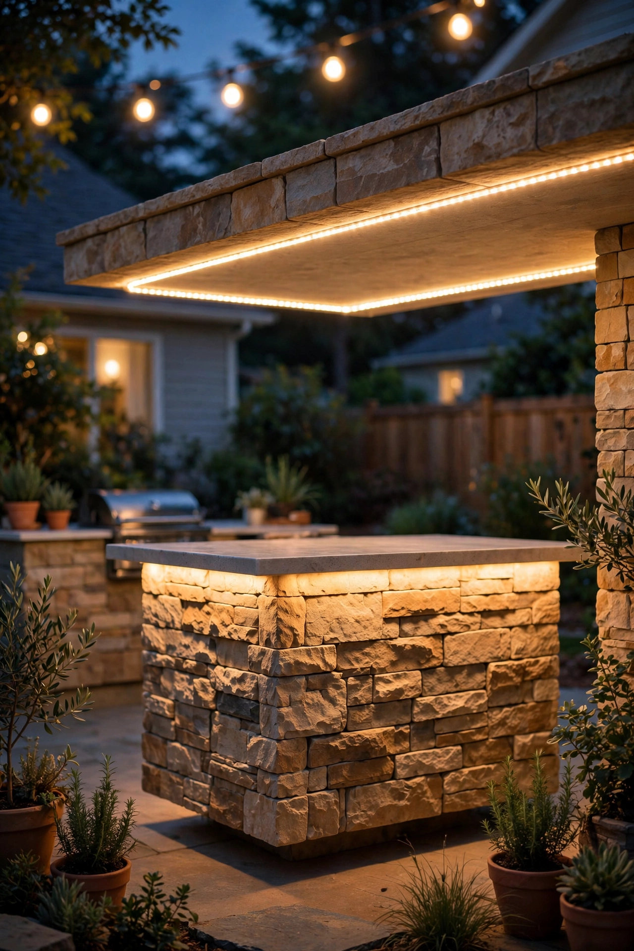 LED strip lights glowing under outdoor kitchen island overhang at night