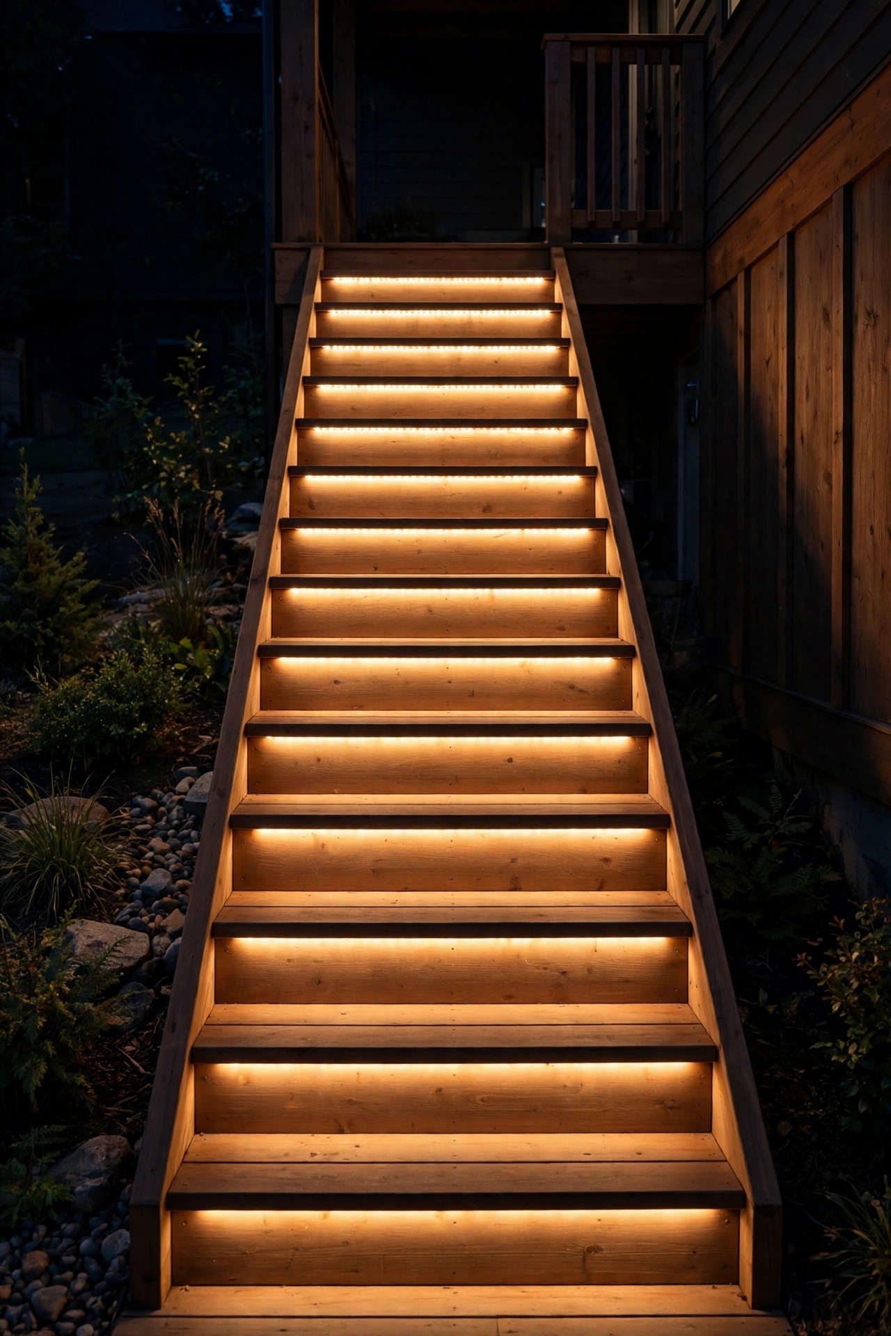 Continuous warm LED strip hidden under each tread nosing, lighting a straight wooden staircase at night