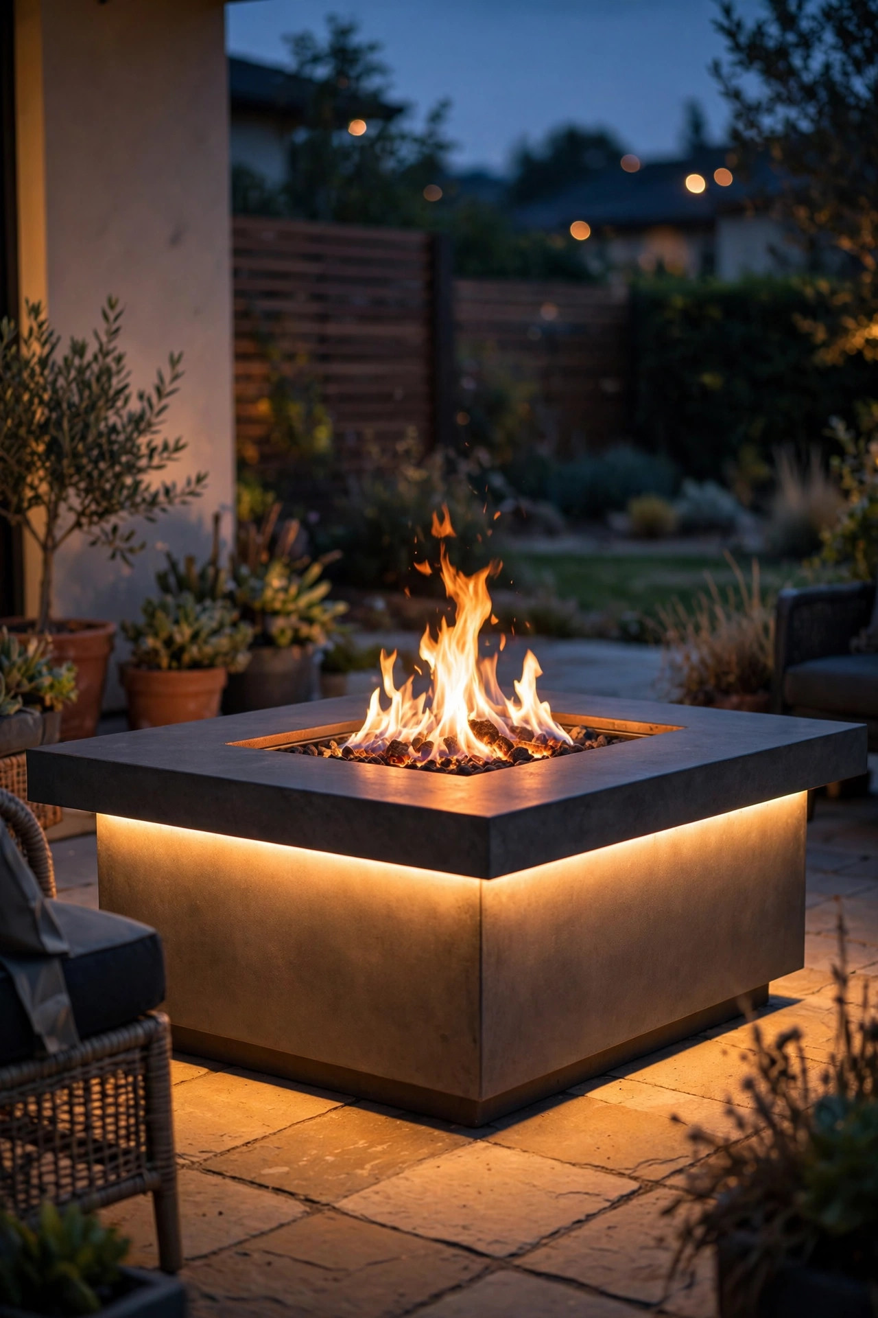 Fire table at night with a warm LED strip glowing beneath the tabletop rim, washing the patio below
