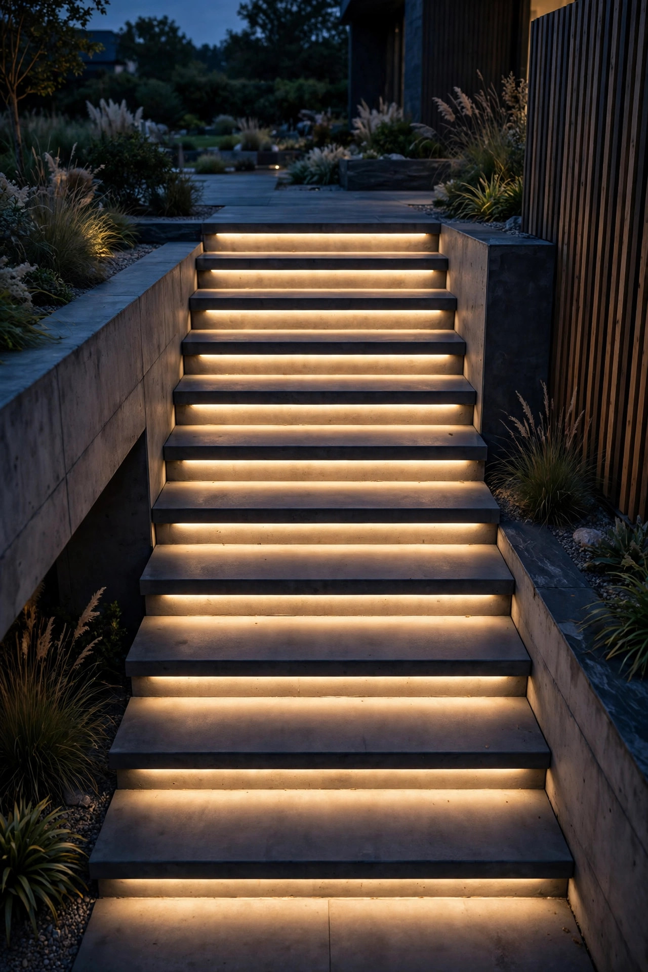 Hidden LED strip channels under each tread nosing casting a smooth warm glow down modern outdoor steps at night