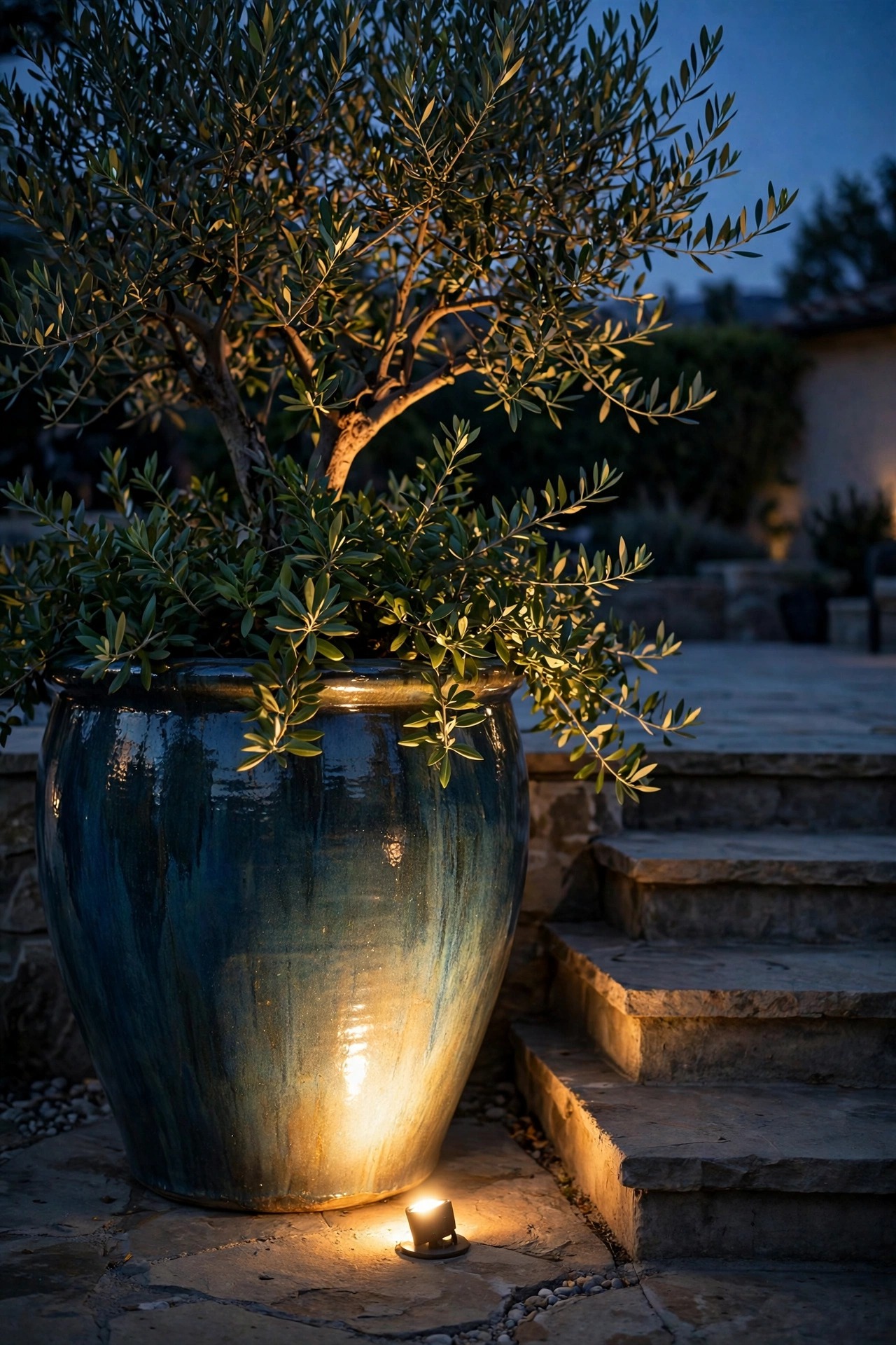 Large glazed planter beside patio steps dramatically uplit from a small ground spotlight at dusk