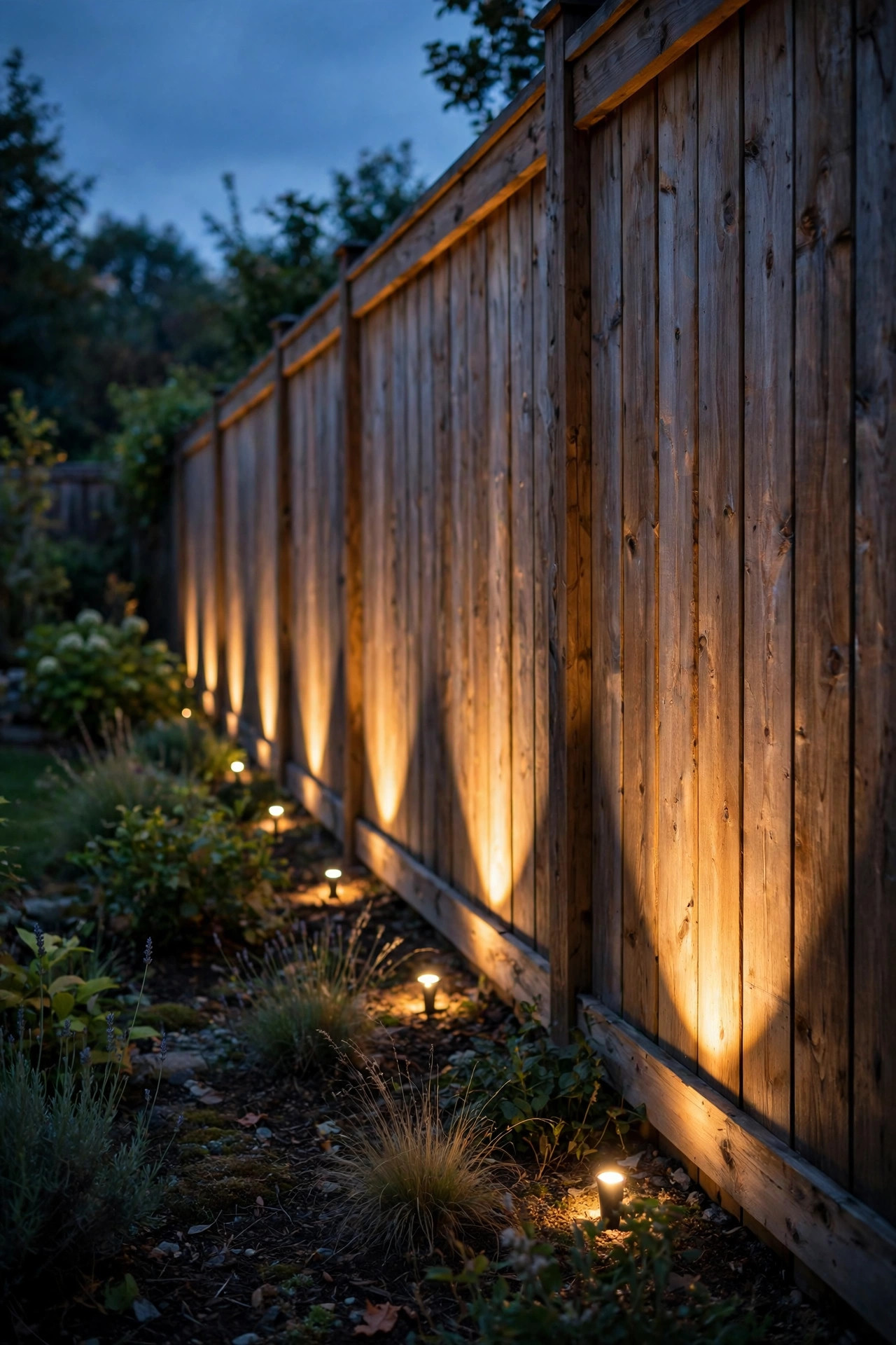 Low-voltage uplights grazing warm light up wooden fence boards along a long backyard border with soft scalloped beams
