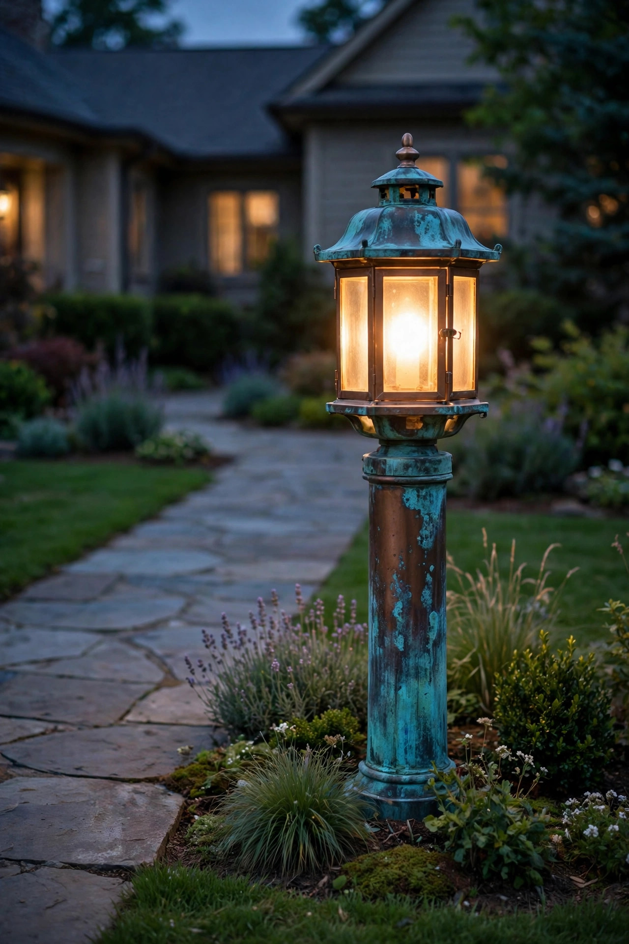 Copper post lantern with blue-green verdigris patina glowing at the end of a front walkway at dusk