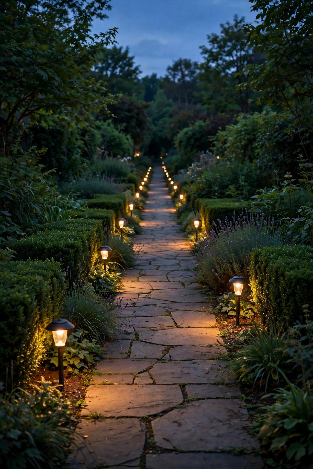 Long garden path at dusk lined with landscape lights that grow progressively dimmer toward the far end of the run