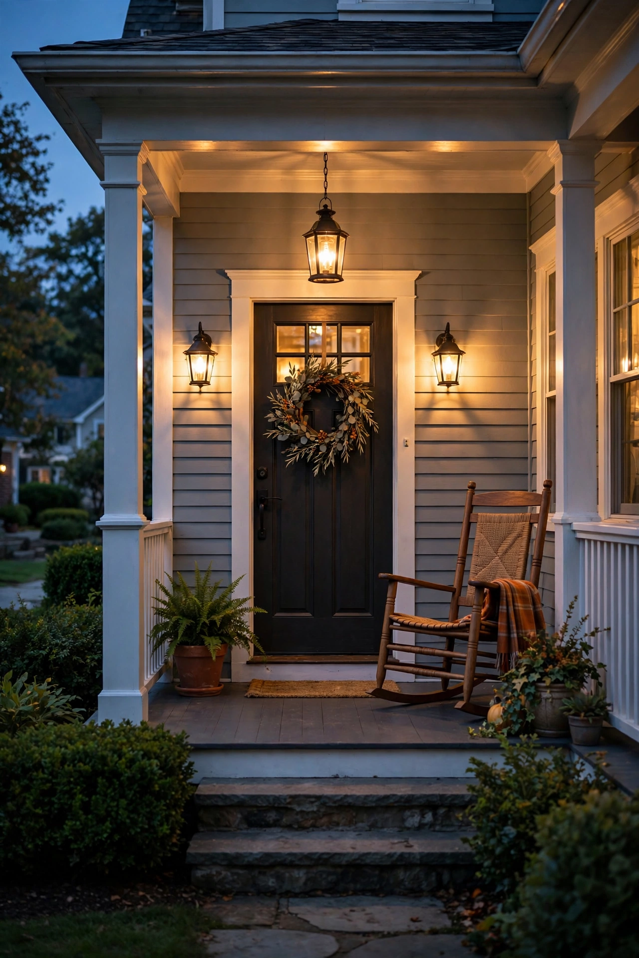 Front porch glowing with warm 2700K outdoor light color temperature wall sconces beside a front door at dusk