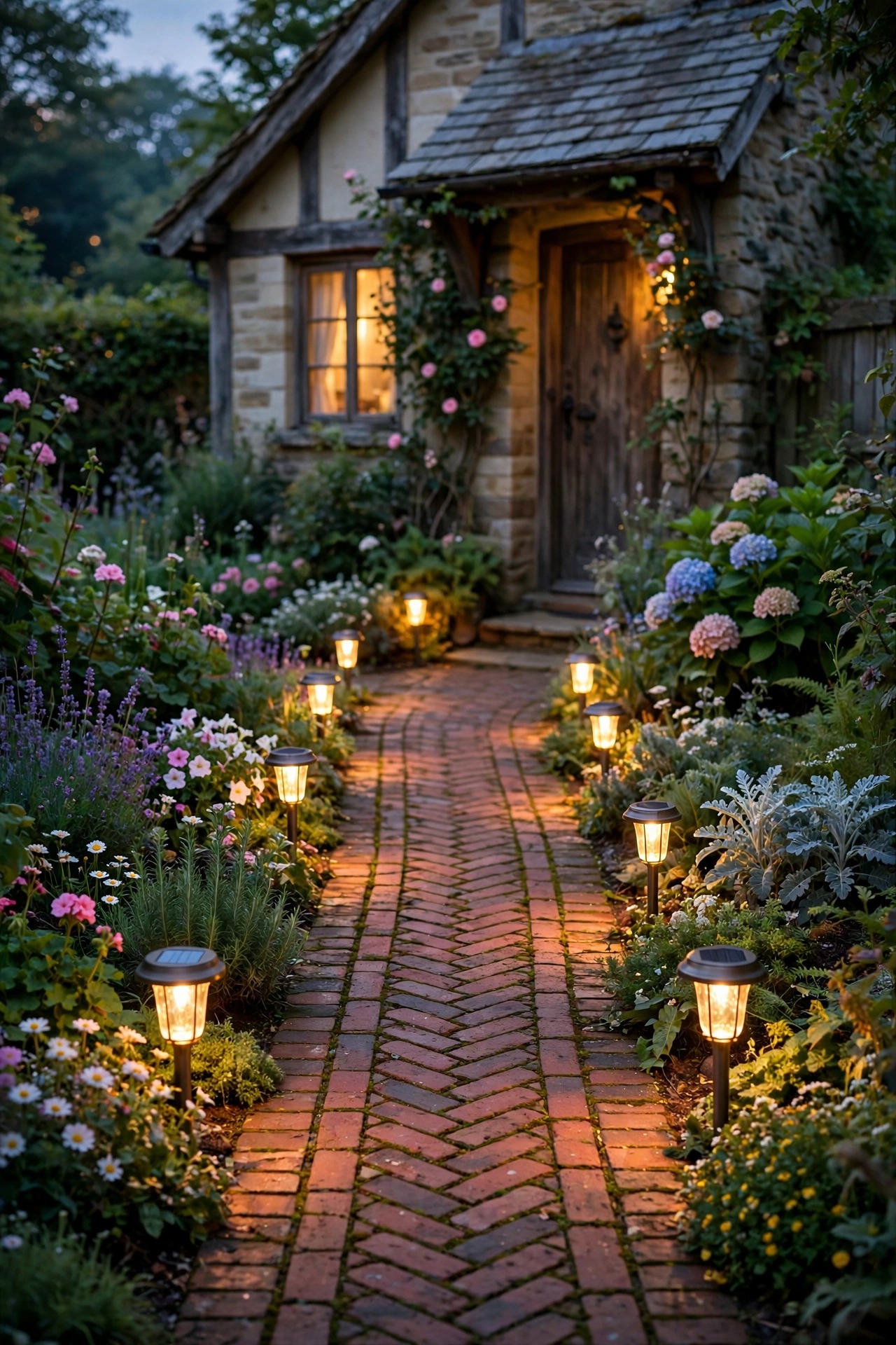 Warm white solar path lights glowing amber along a red brick walkway at dusk, cozy cottage front yard with flowering plants, soft golden light