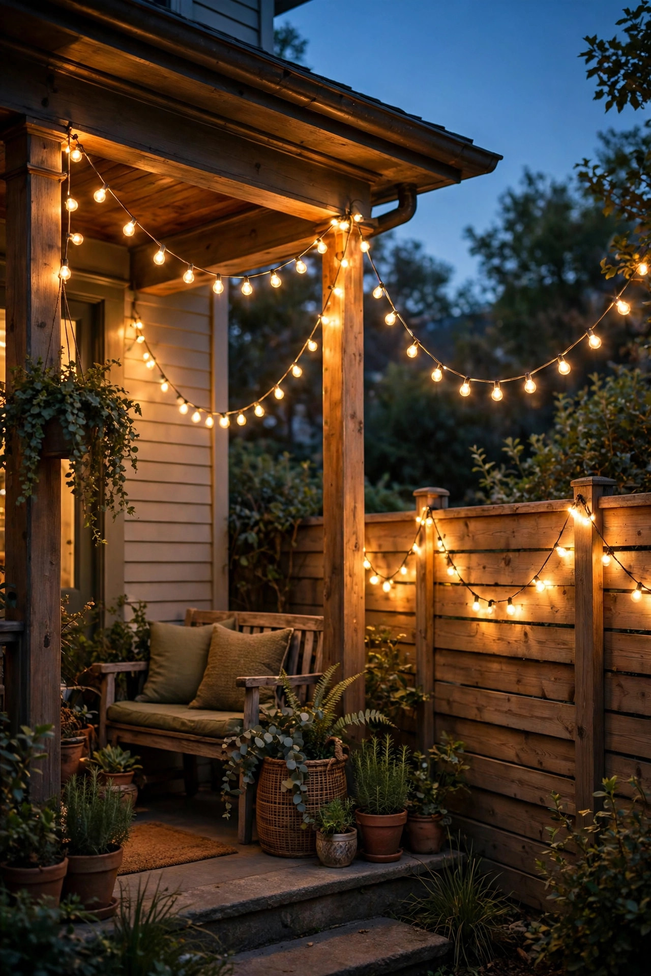 Warm white string lights swagged across a front porch and fence at dusk with soft golden glow