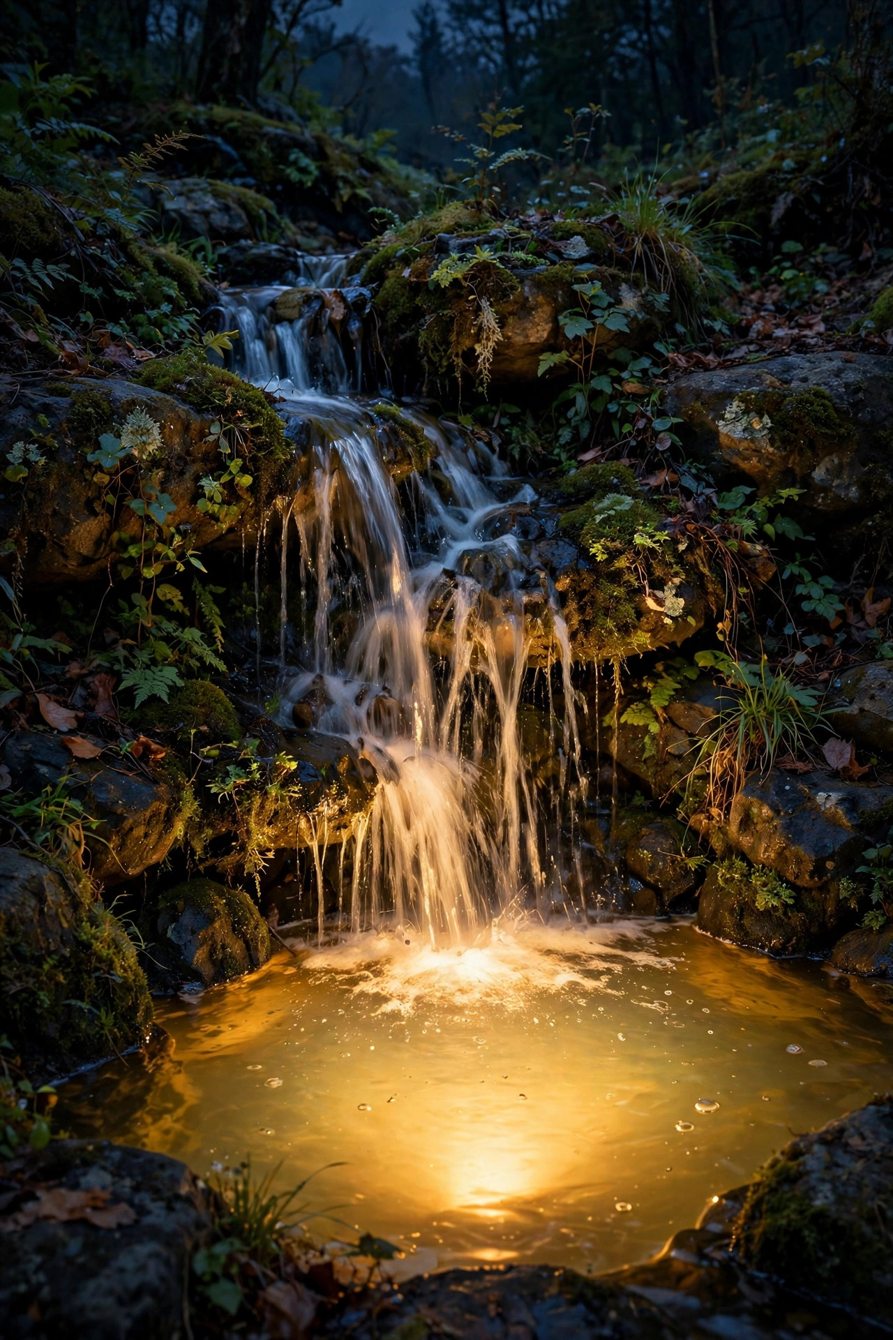 Small pond waterfall at night lit from below by a warm spotlight, water cascading over rocks into a glowing pool