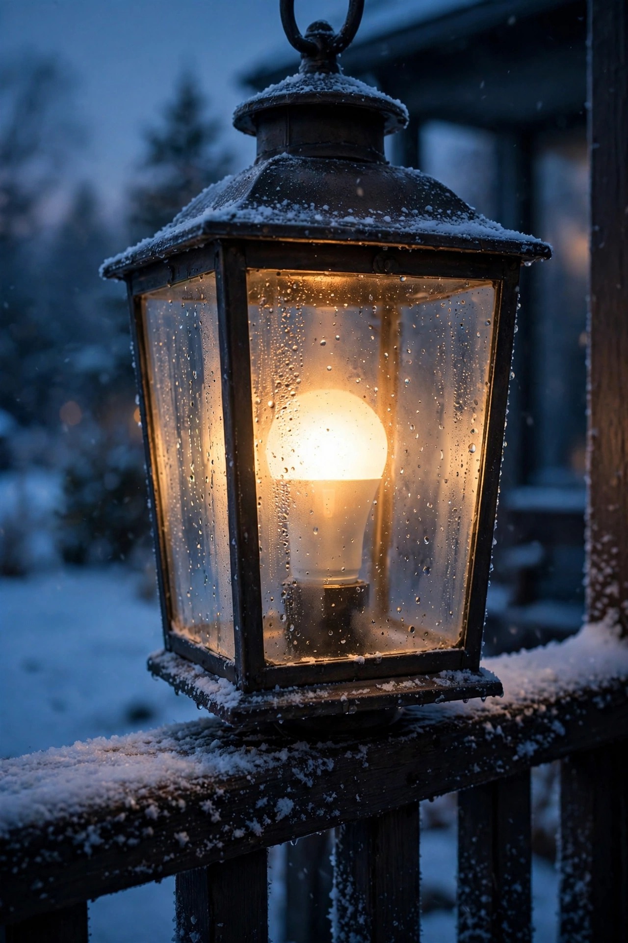 Smart bulb inside a glass porch lantern on a frosty winter evening, condensation on the glass and snow on the porch rail