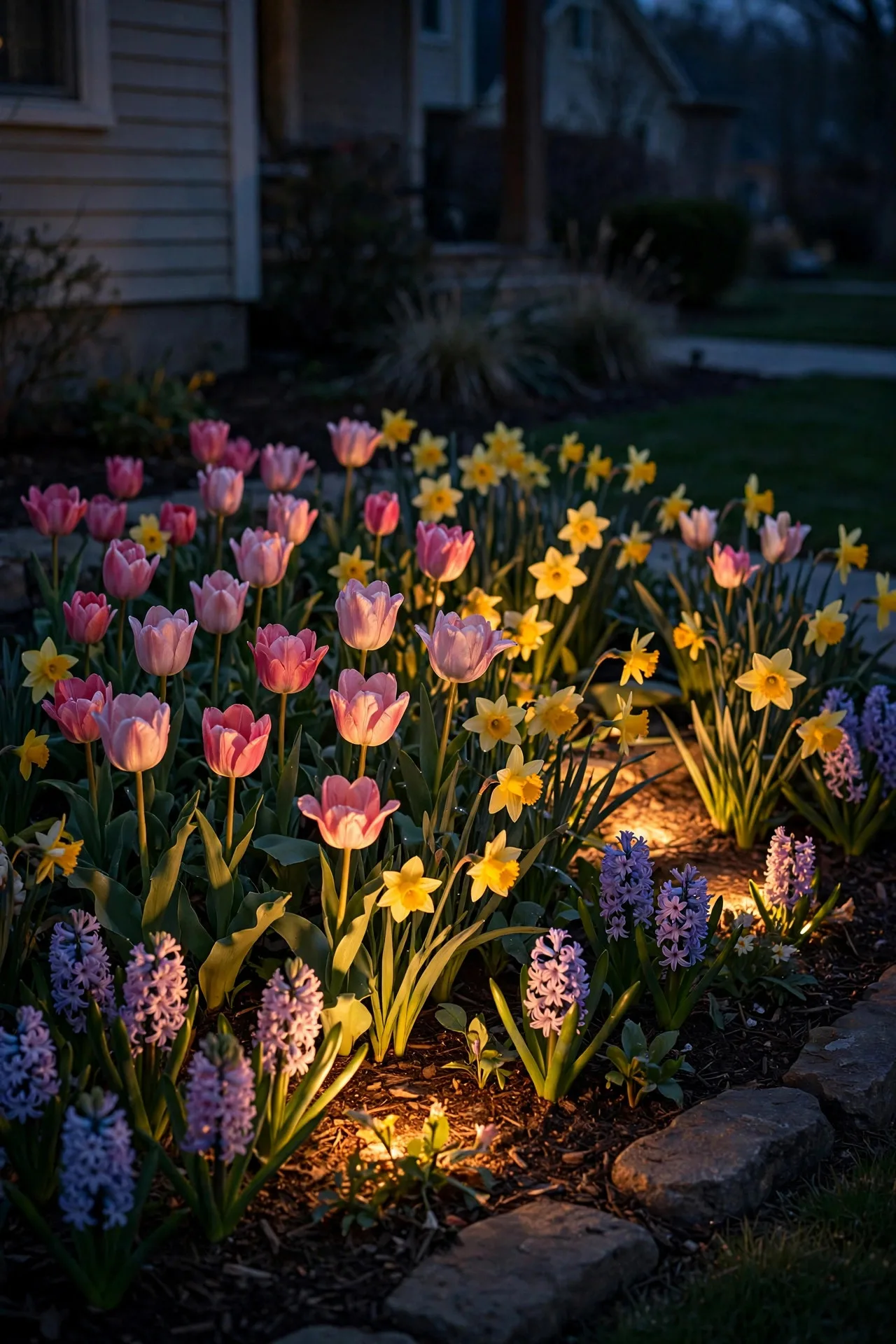 Recessed well lights washing warm light across a bed of tulips and daffodils at dusk