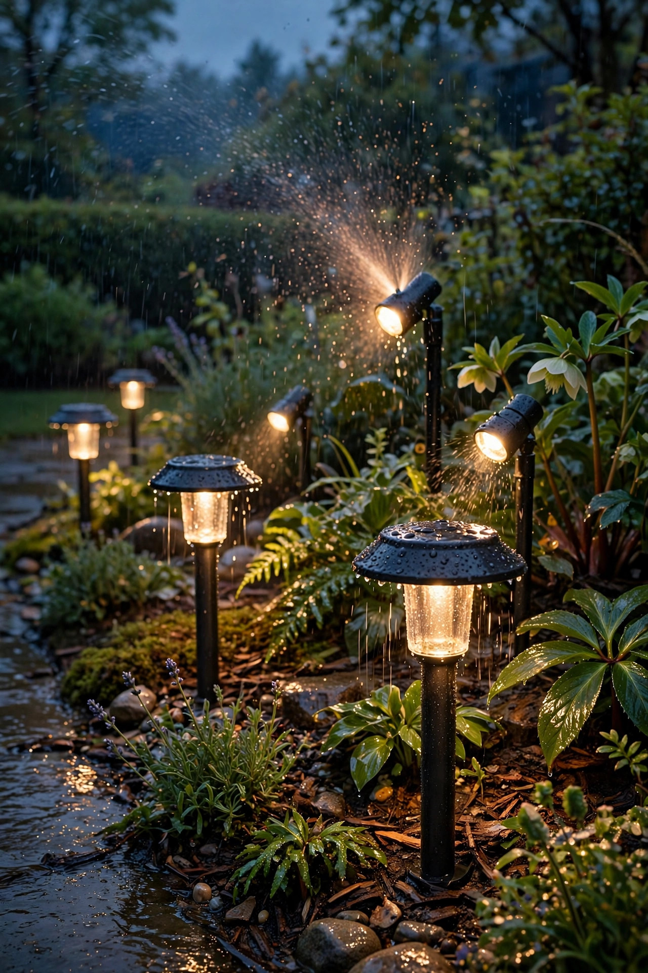 Wet-rated path lights and spotlights glowing in a rain-soaked garden bed at dusk, sprinkler water glistening on the fixtures