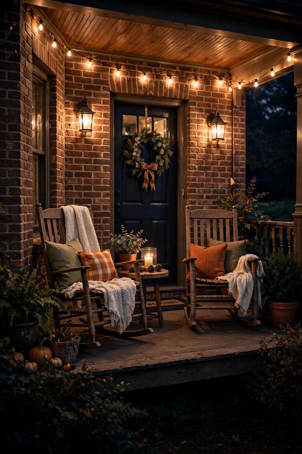 Cozy 2700K warm white lighting glowing on a brick home porch with welcoming rocking chairs at night