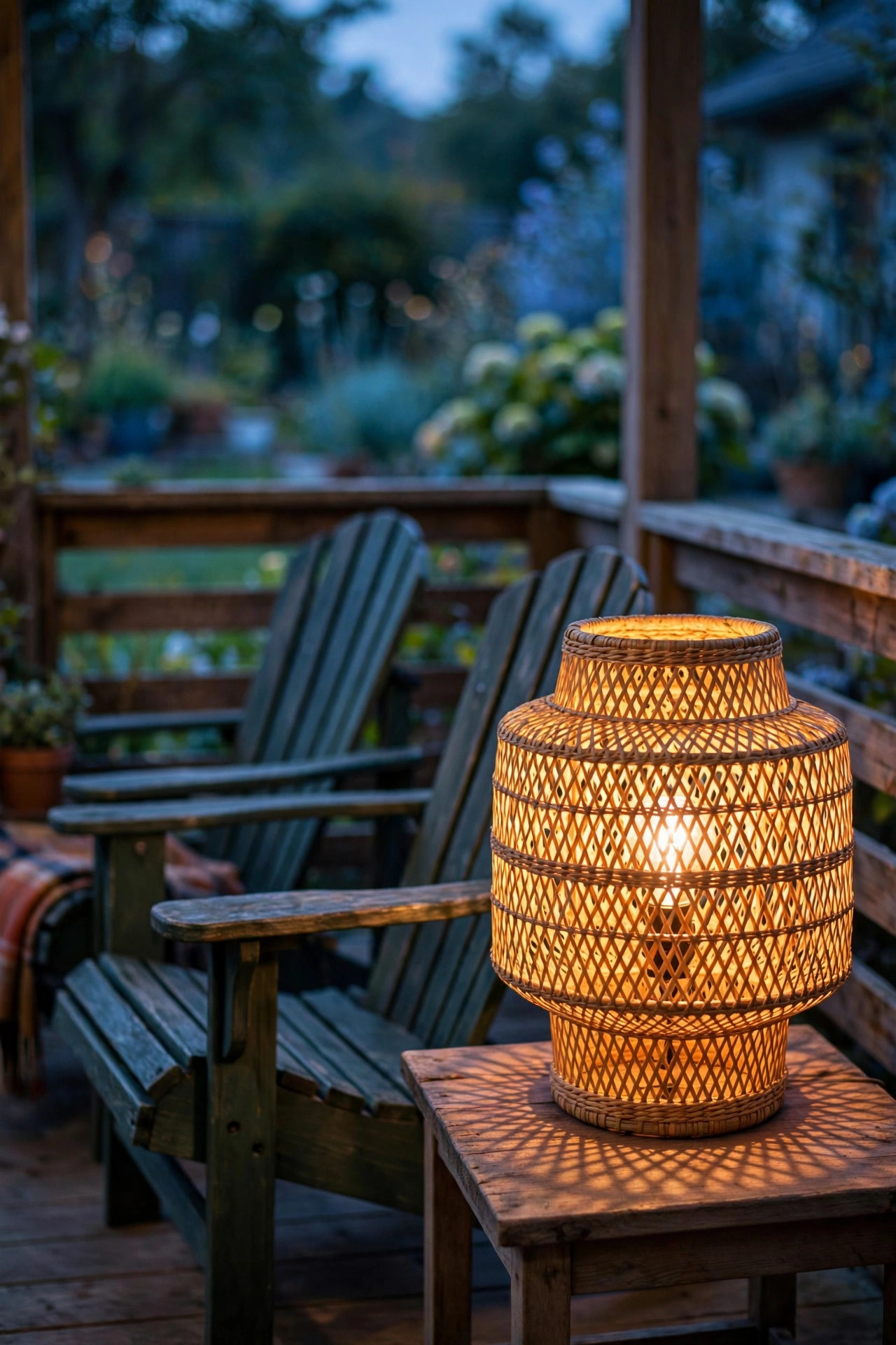 Woven rattan outdoor table lamp glowing beside porch chairs at dusk