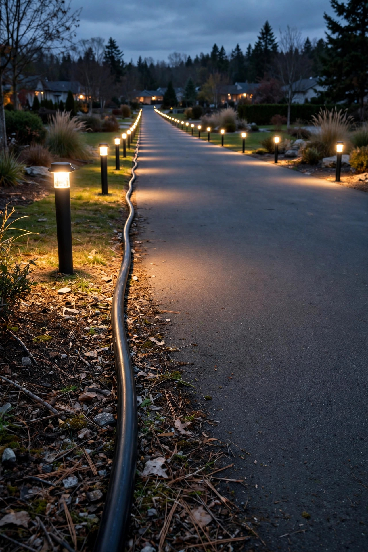 Thick 12 AWG landscape lighting cable running along a long driveway at dusk with evenly bright bollard lights