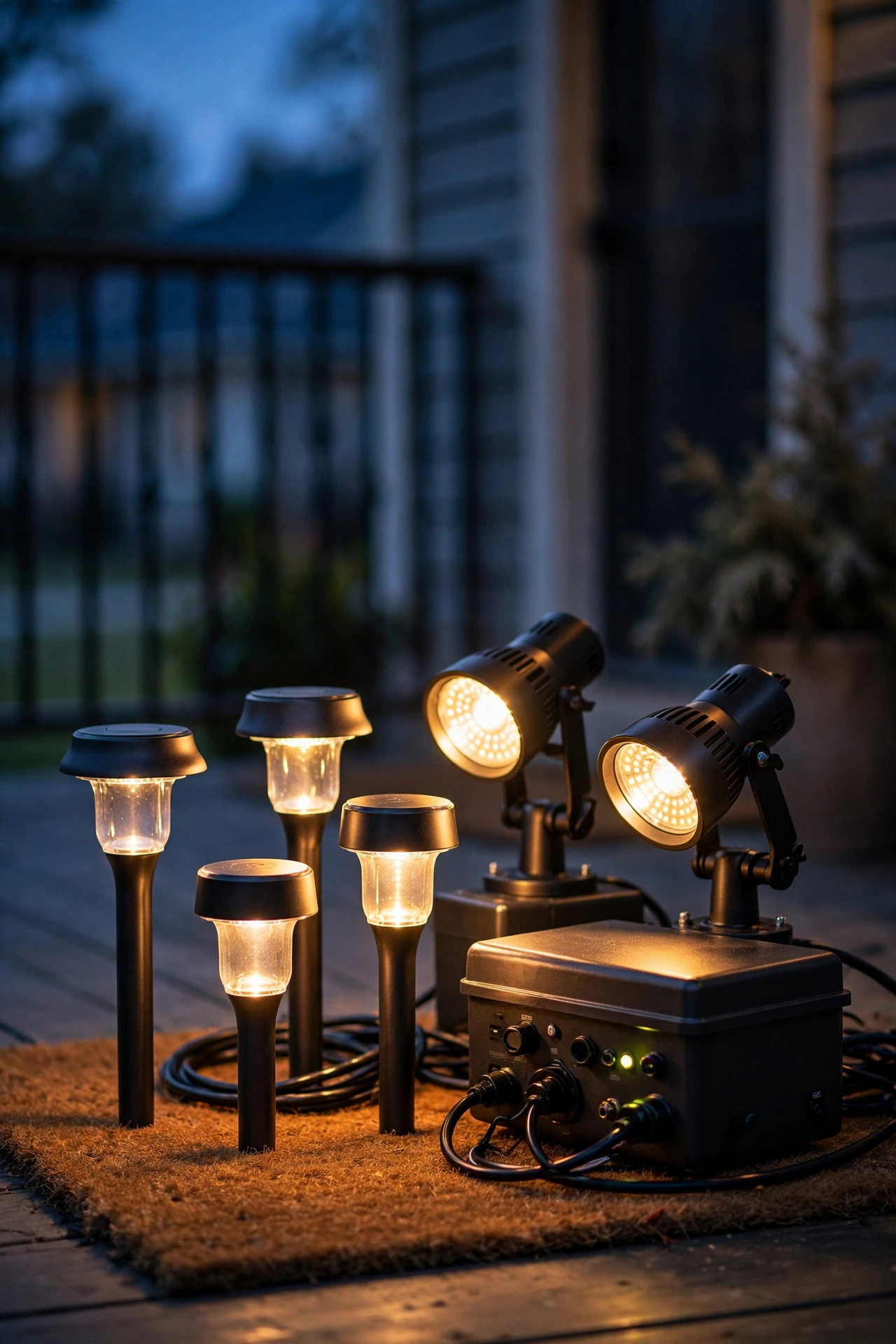 Selection of LED outdoor path lights, spotlights, and a low-voltage transformer displayed on a porch at dusk