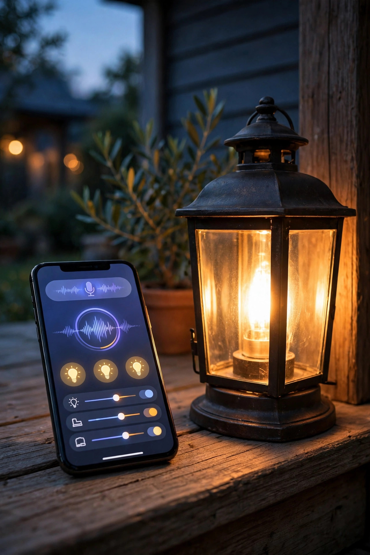 Phone showing a smart home app beside a glowing porch lantern at dusk during voice lighting setup