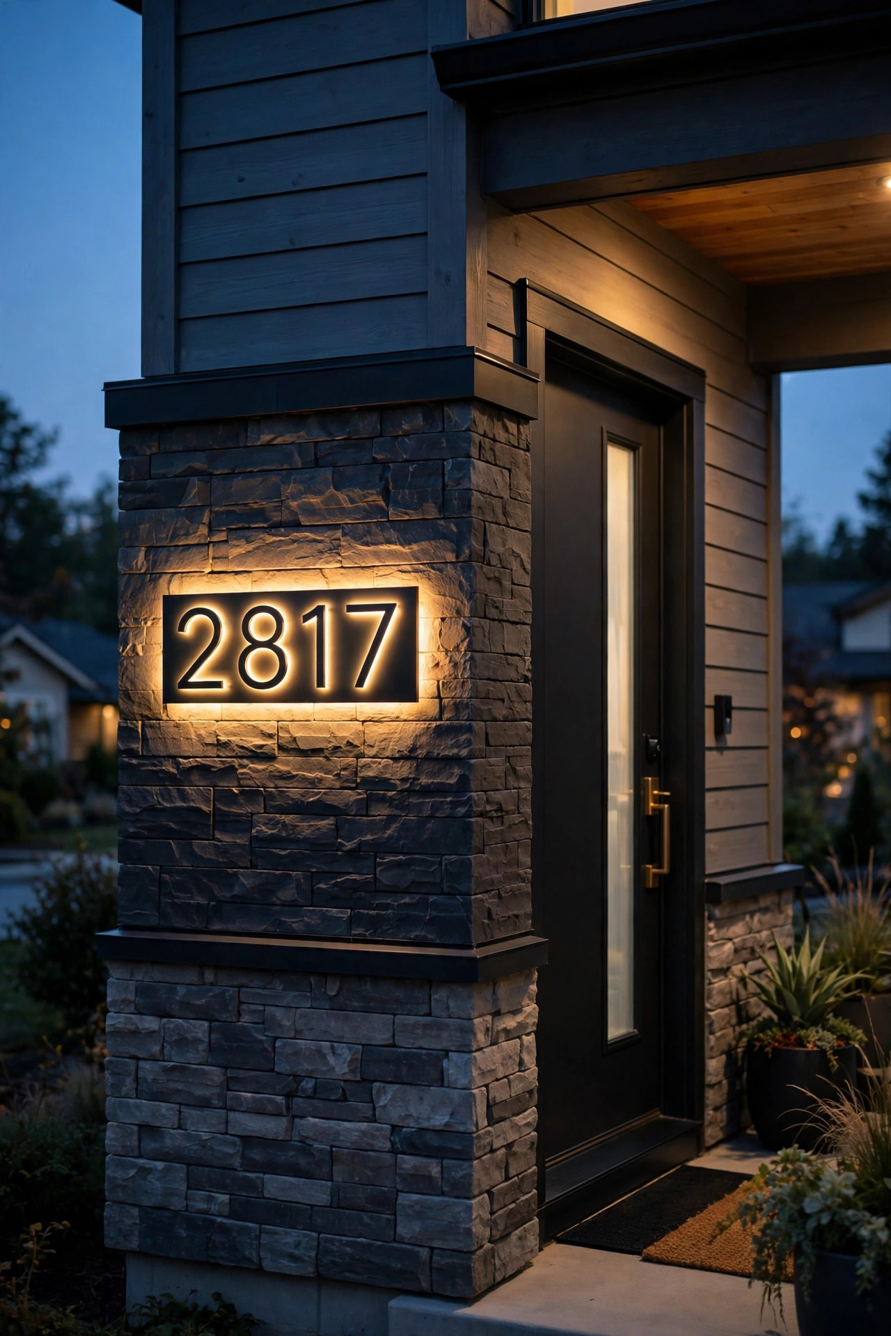 Modern backlit house numbers with a warm halo glow mounted beside a townhome front door