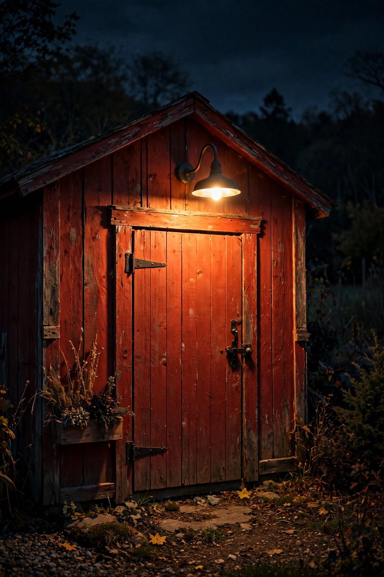 Single gooseneck barn light glowing above a red barn-style shed door at night