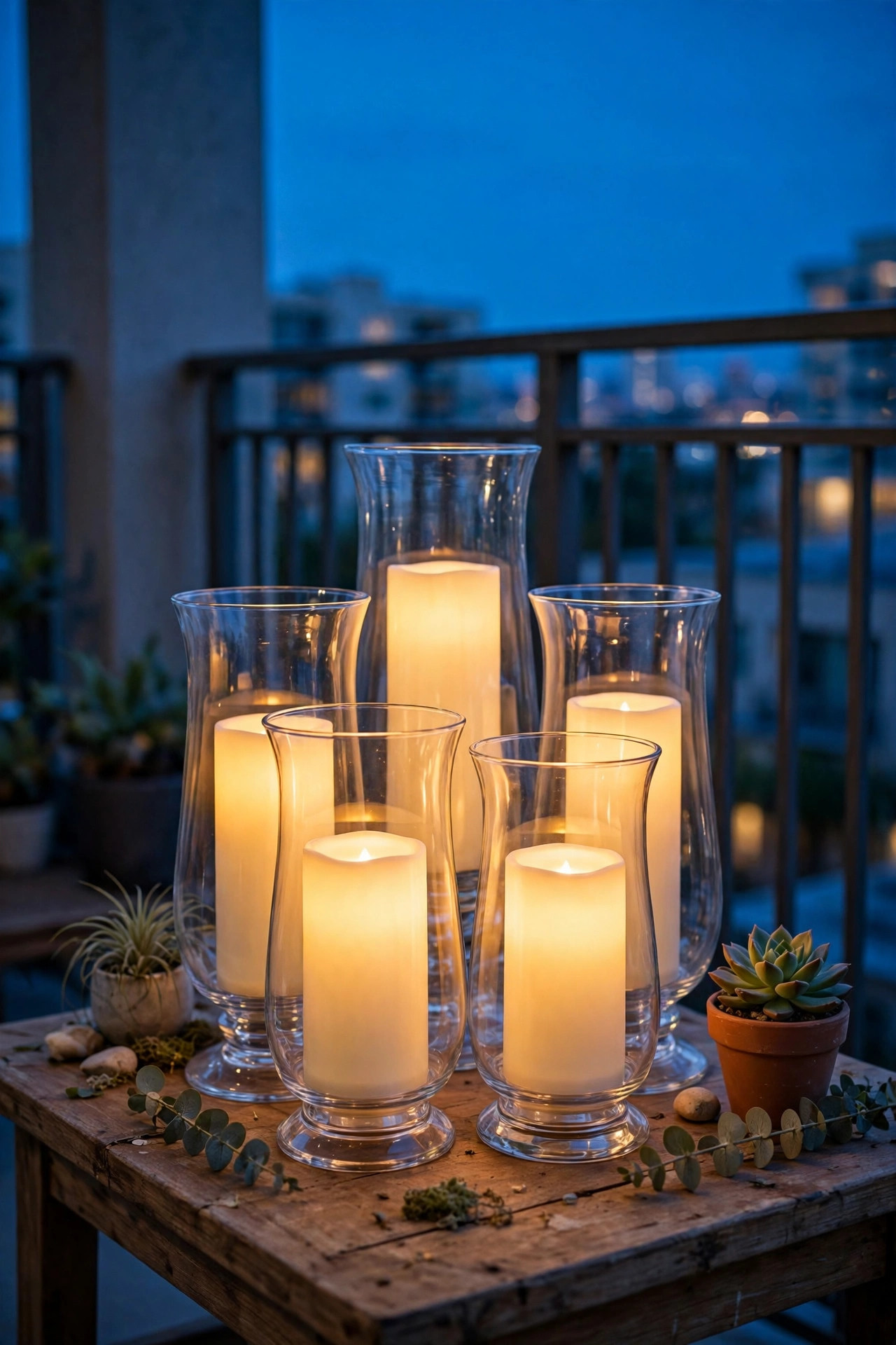 Cluster of flameless LED candles inside glass hurricane vases on a condo balcony side table at dusk