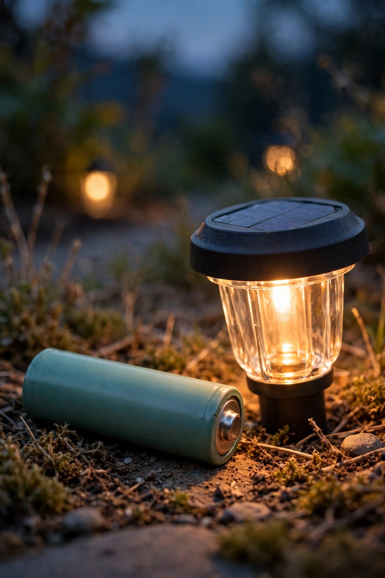 Close-up of a rechargeable AA battery wrapper showing its capacity rating beside a solar garden light