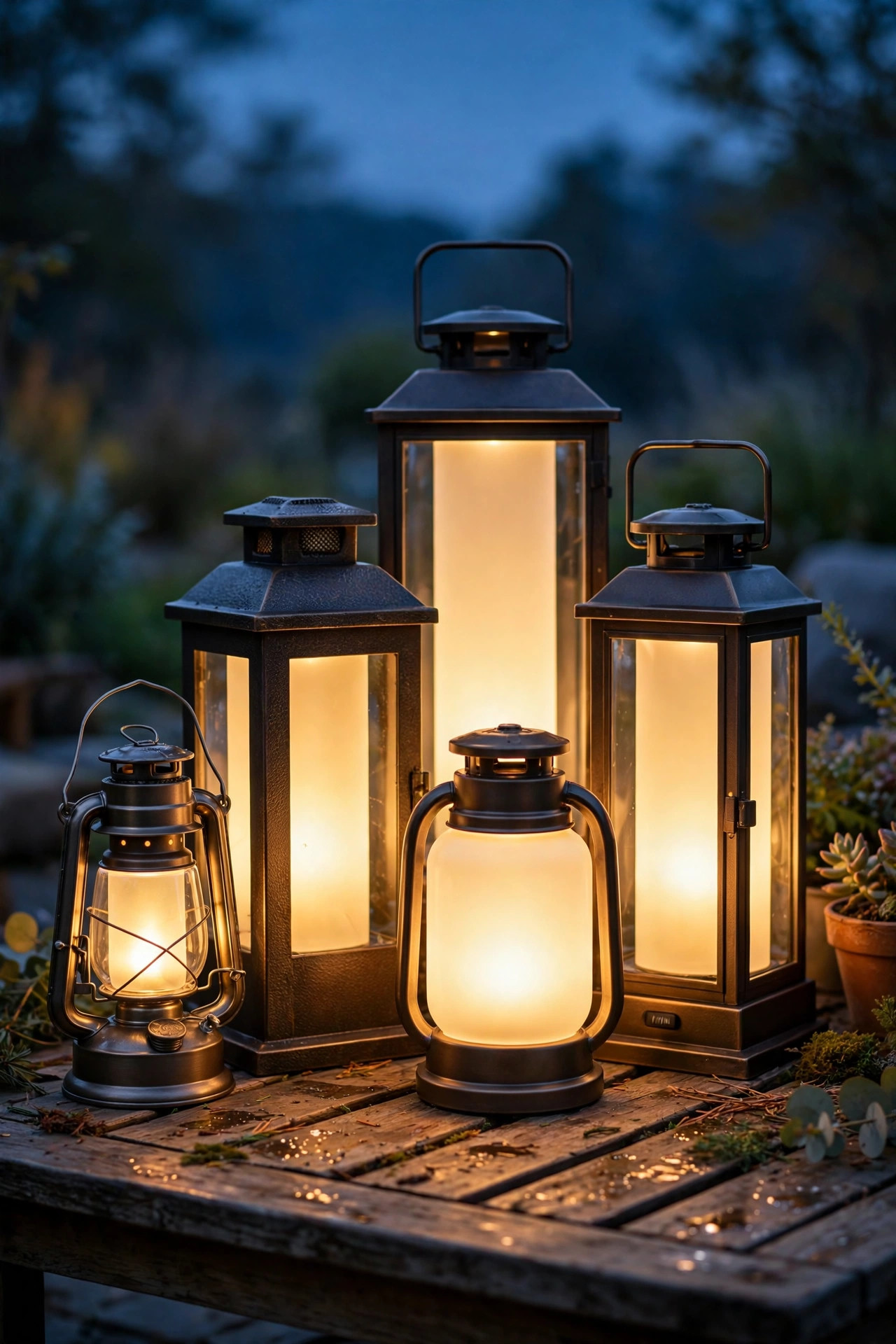 Cluster of battery powered flameless lanterns in mixed heights glowing on an outdoor coffee table at dusk