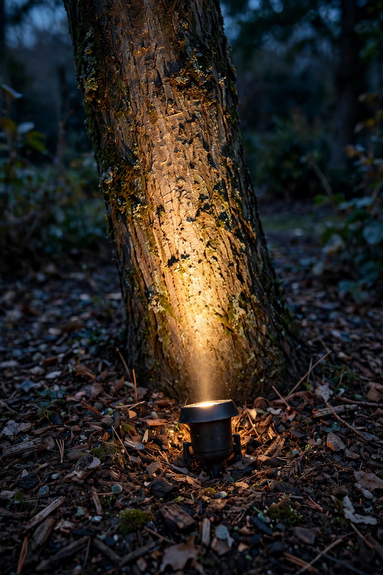 Close view of a low-voltage spotlight fixture nestled in mulch at the base of a tree at dusk, its narrow warm beam climbing the trunk while the fixture itself stays discreet and shielded