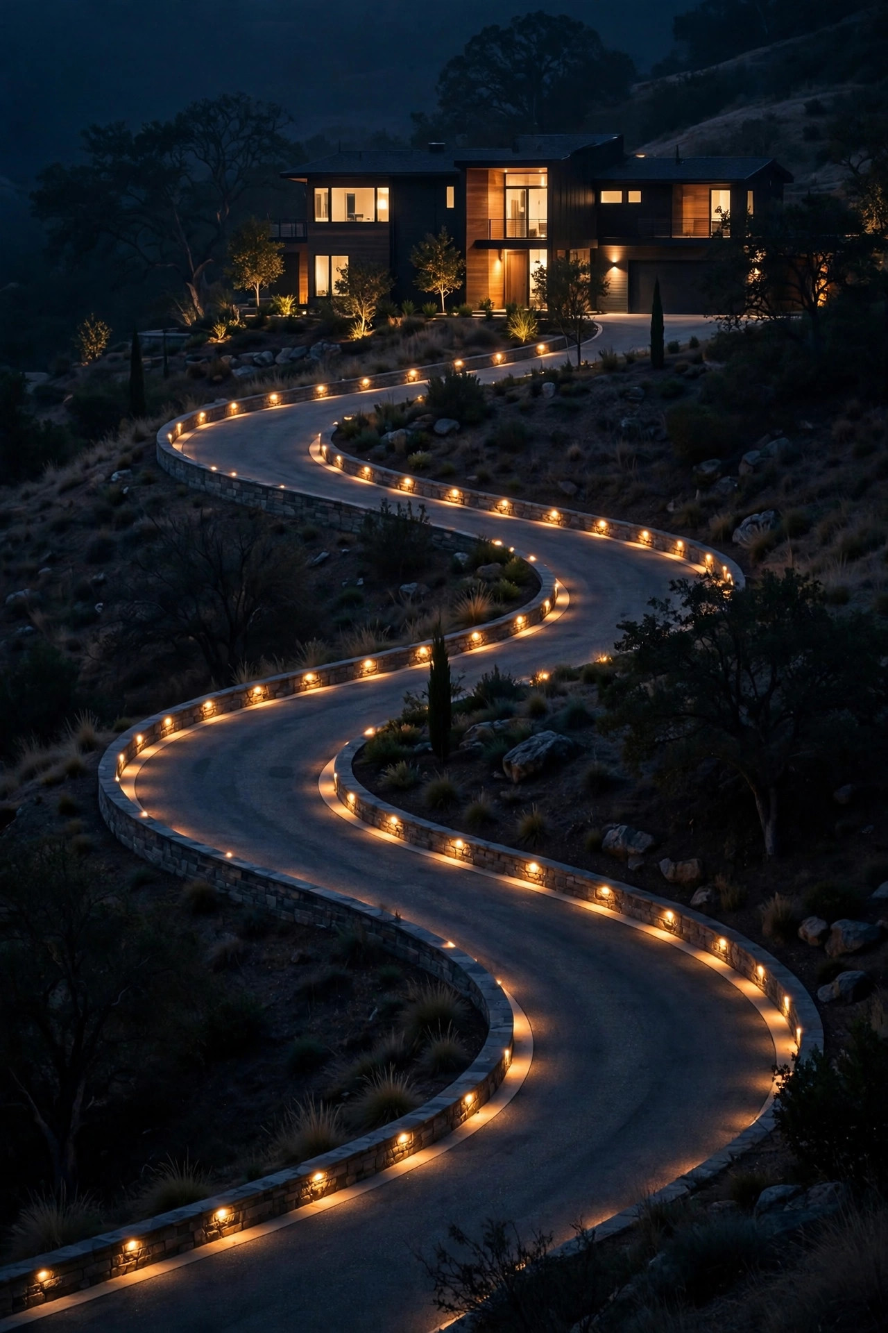 Warm accent lights marking the bend of a steep switchback driveway at night, showing the full curve of the pavement