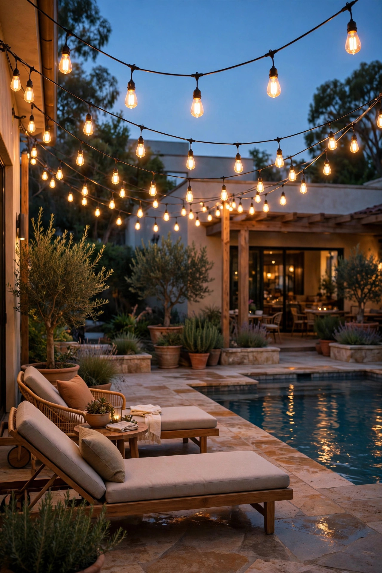 Bistro string light canopy with warm filament bulbs swagged over a pool deck and lounge chairs at dusk