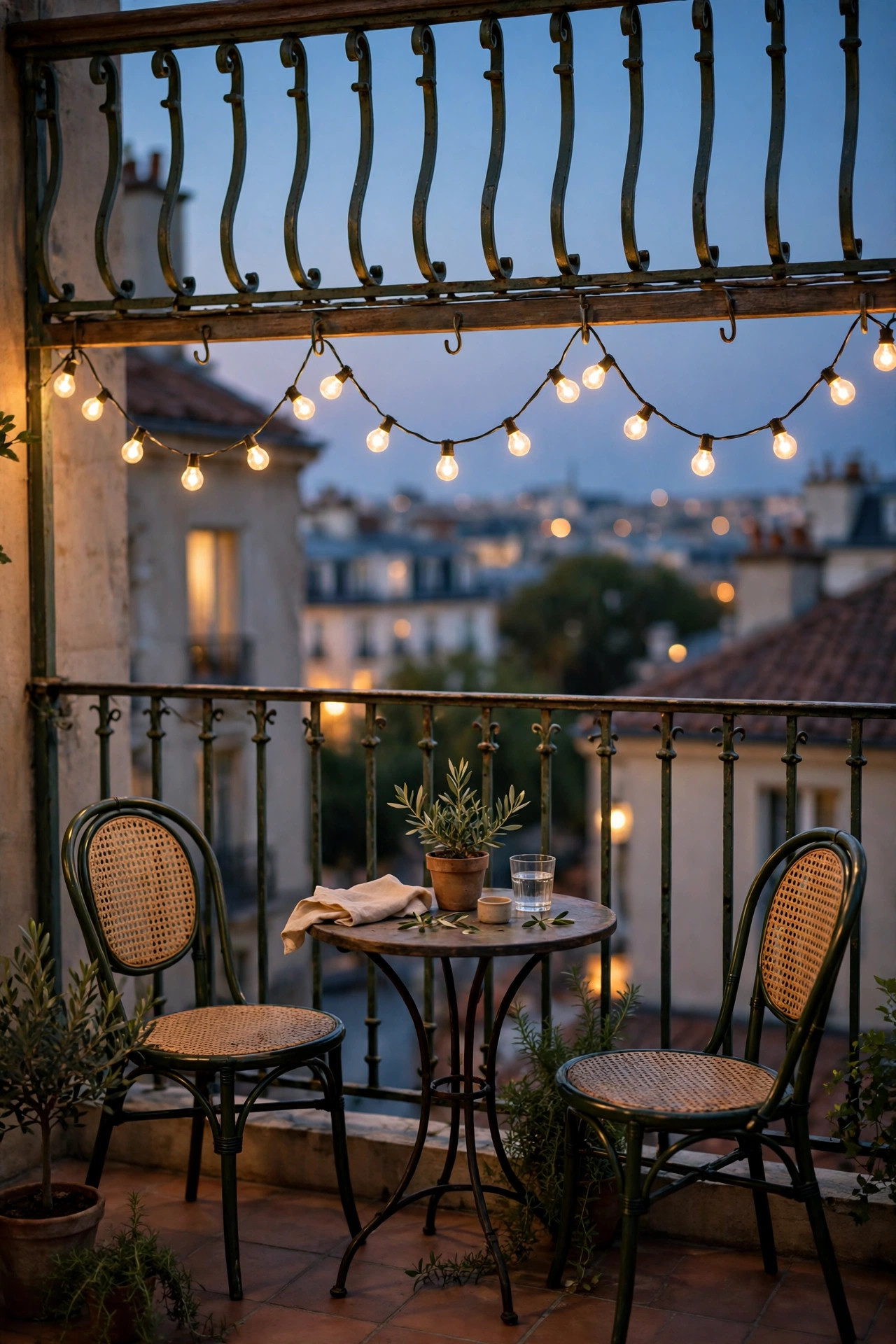 Bistro string lights swagged in gentle scallops along a balcony railing above a small bistro table and chairs