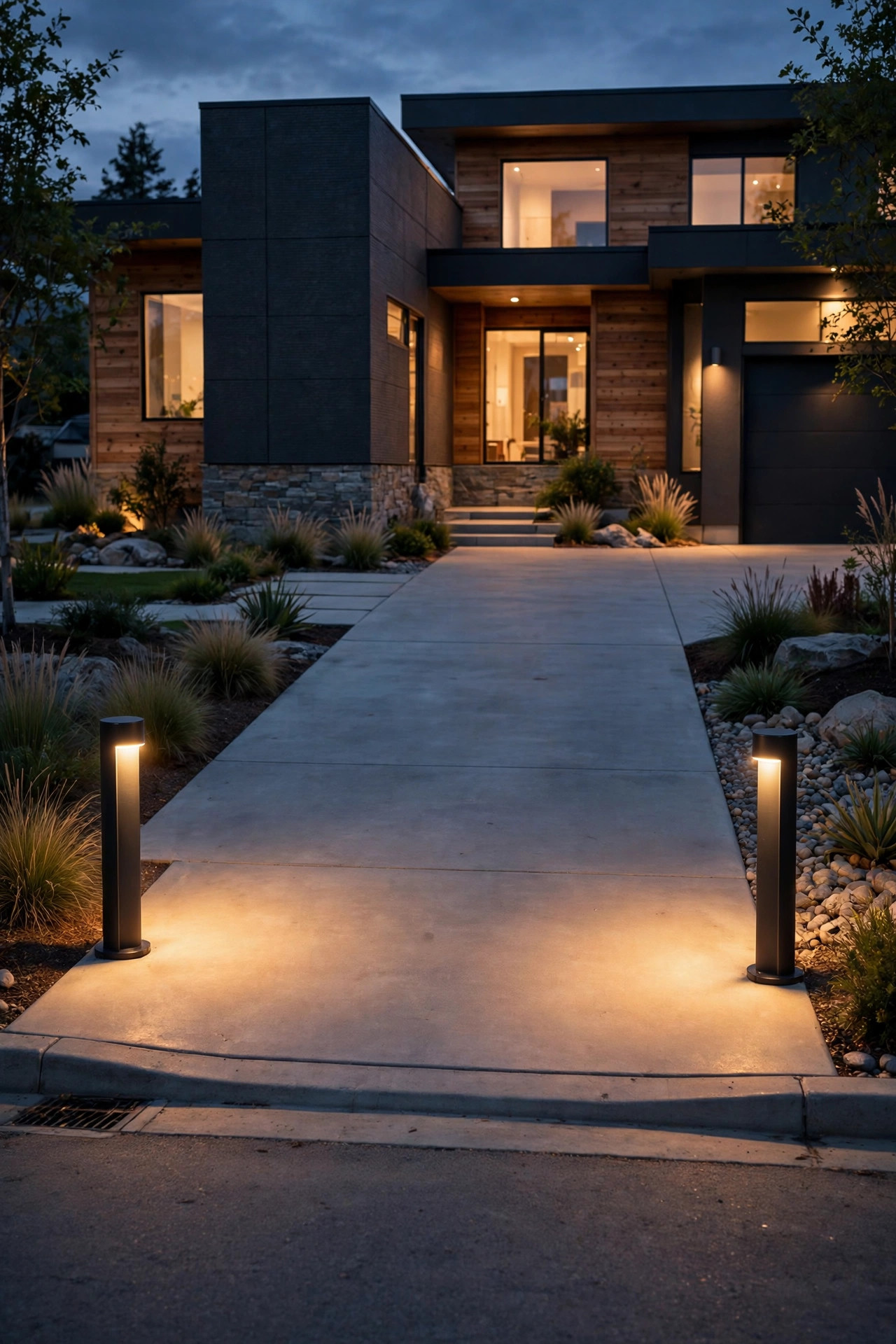 Low modern bollard lights flanking both sides of a driveway entrance, washing the apron in warm light