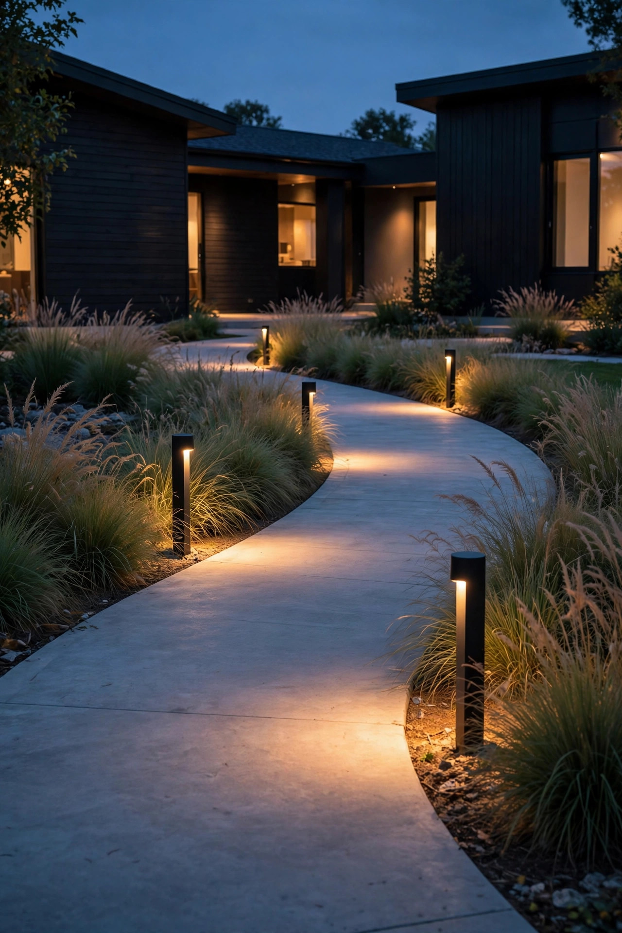 Short matte black bollard lights illuminating the wide sweeping section of a curved walkway bordered by ornamental grasses