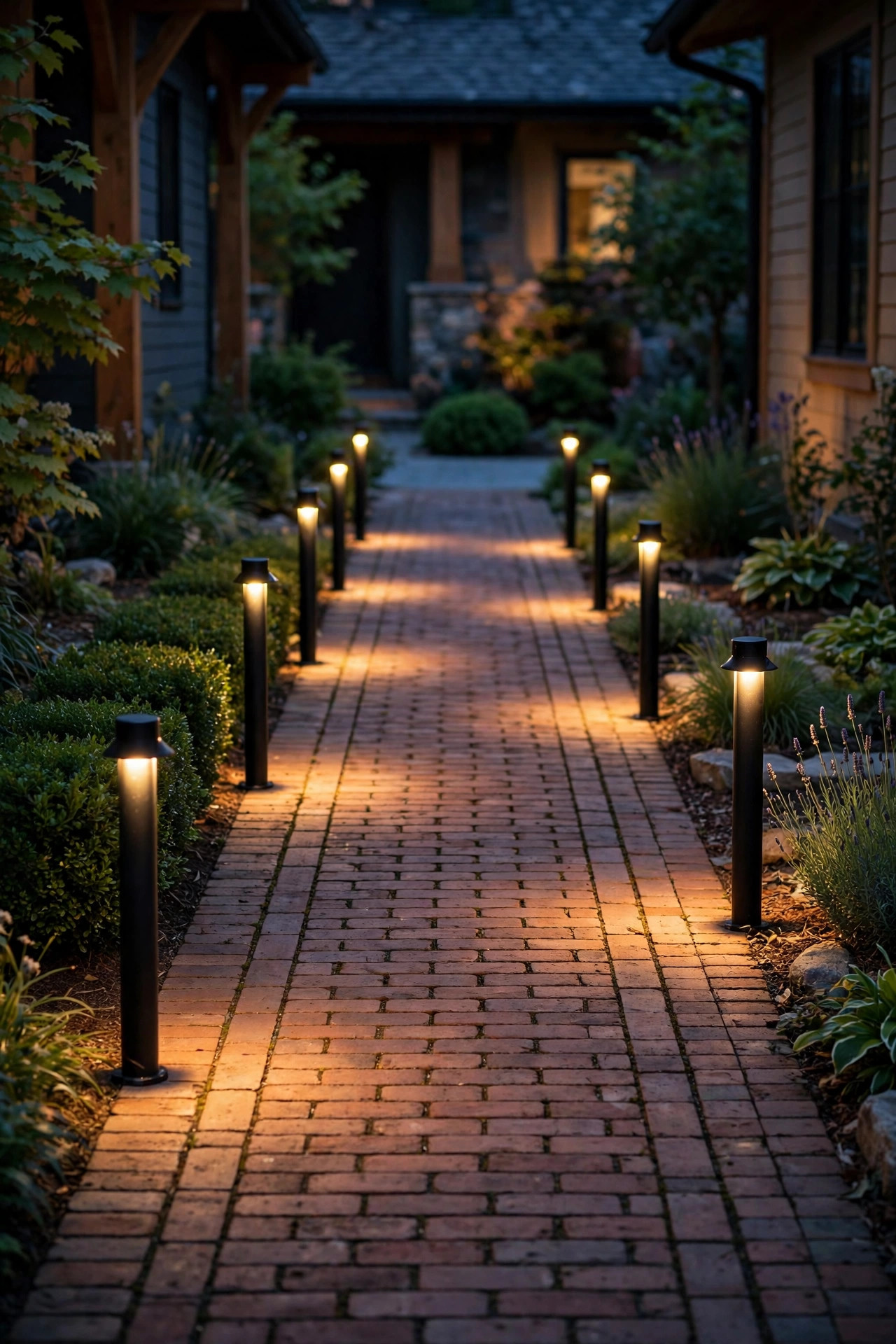 Short black bollard lights casting soft pools of light along a straight brick walkway