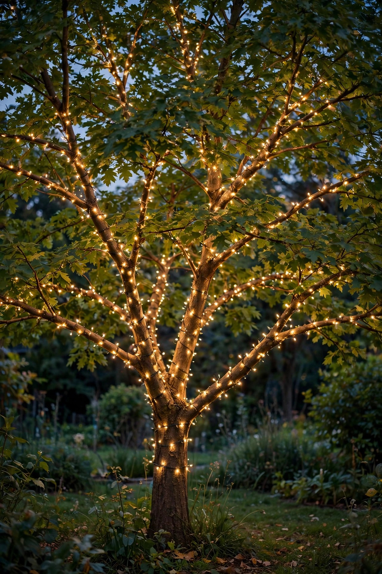 Fairy lights wrapped along the main branches of a tree out toward the twig tips at night