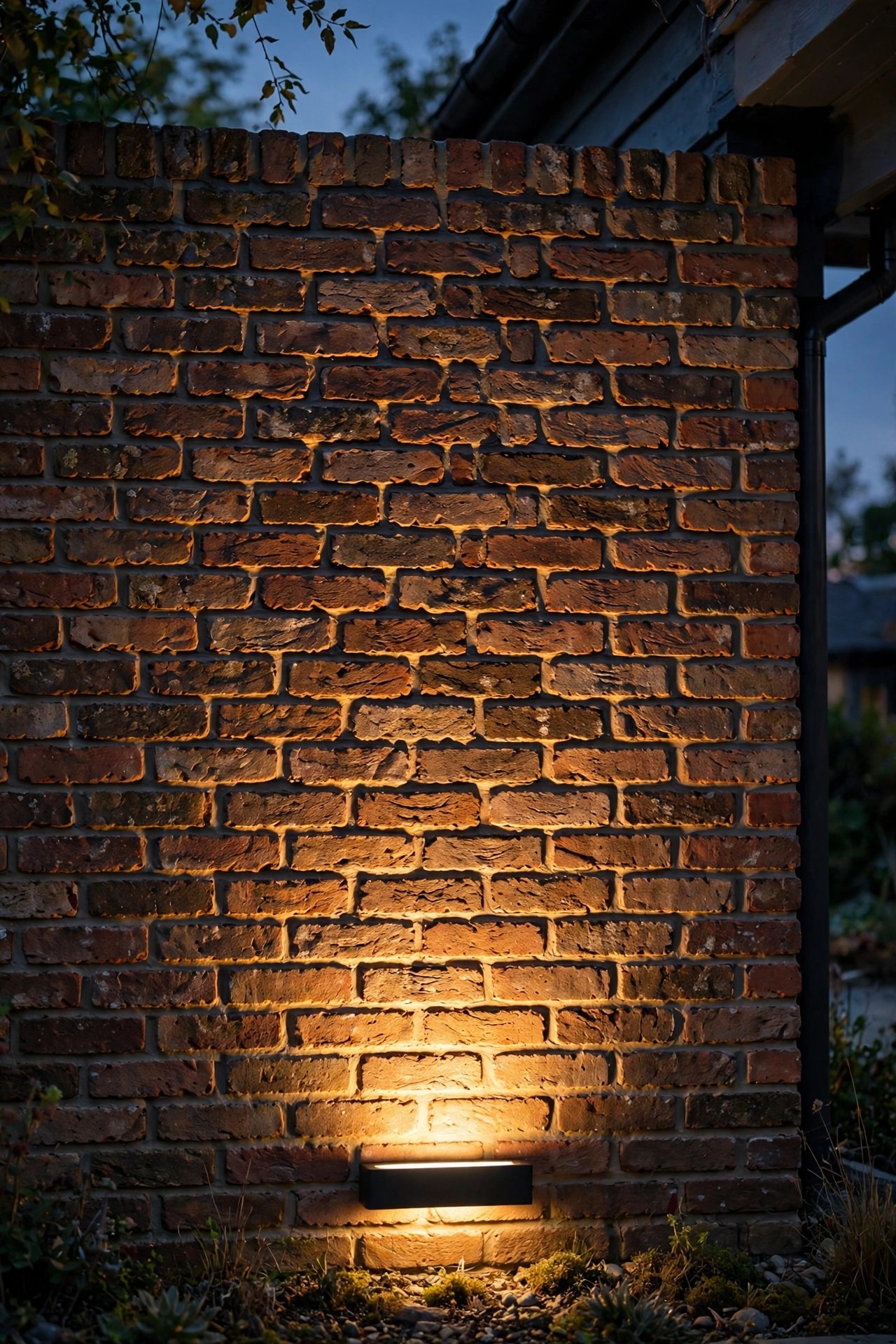 Low fixture grazing warm light up a textured brick wall at dusk, revealing depth in every mortar line