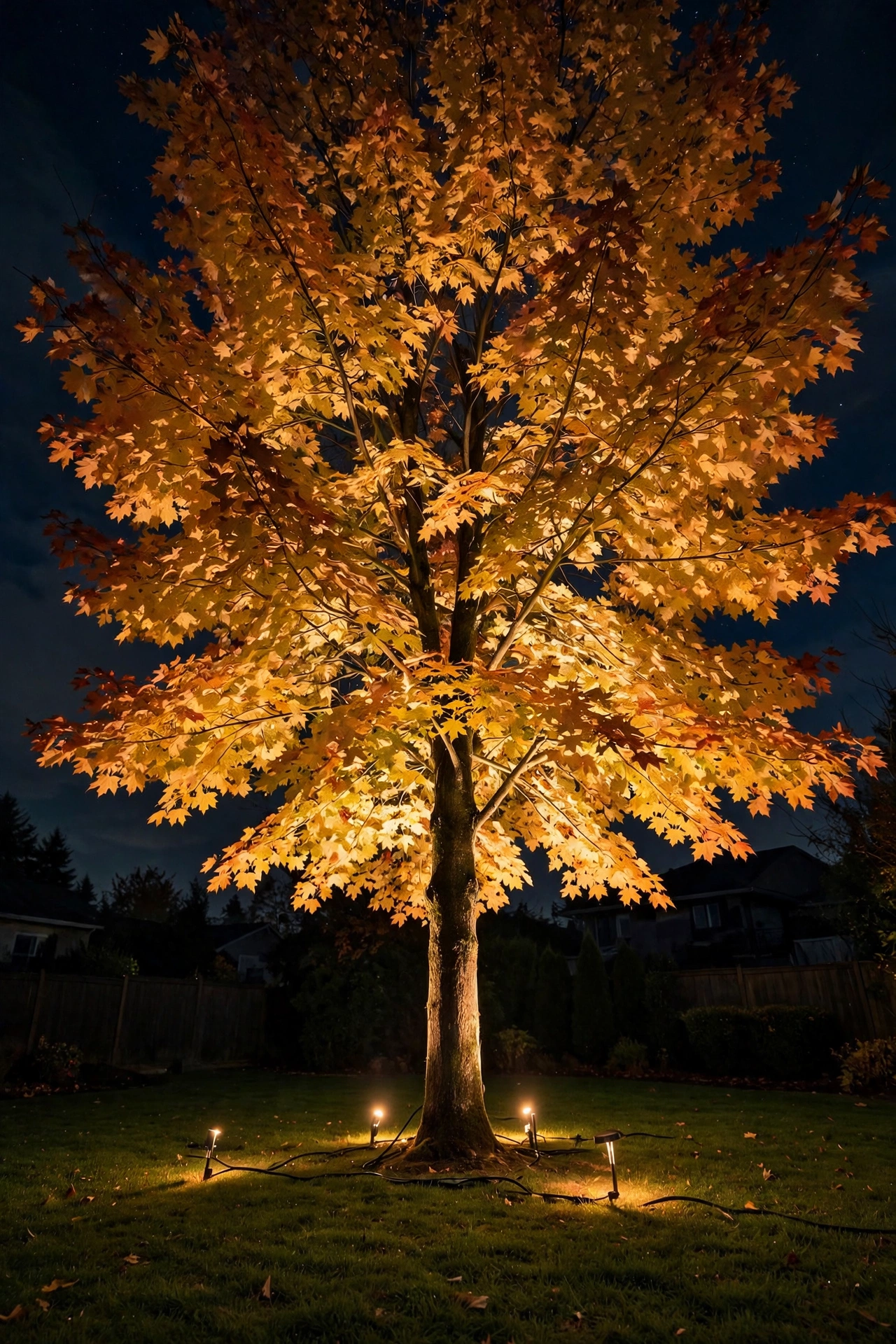 Tall maple tree dramatically uplighted by wired landscape fixtures at night, canopy glowing against a dark sky in a suburban backyard