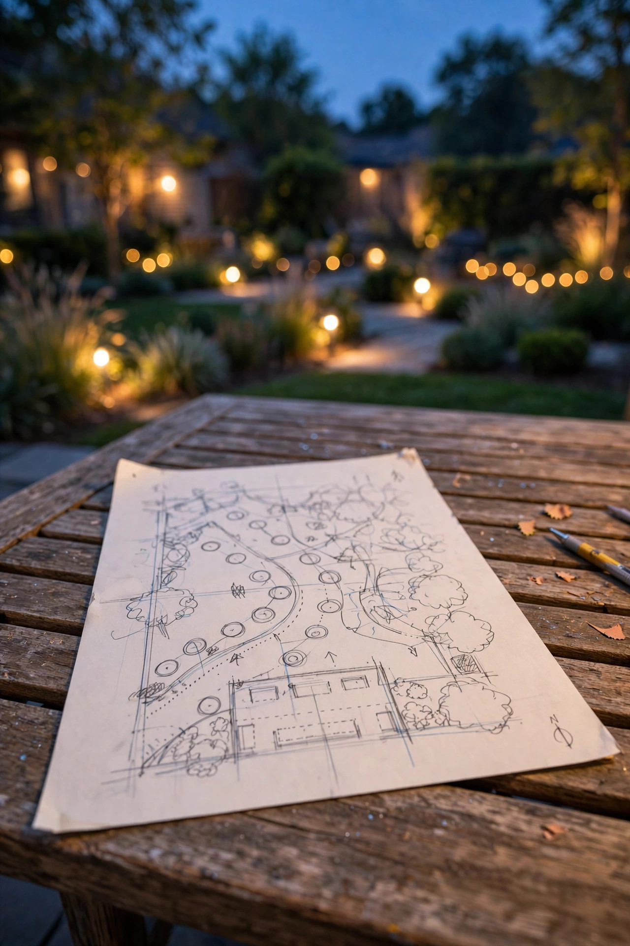 A homeowner sketching a layered landscape lighting plan on paper at a patio table at twilight