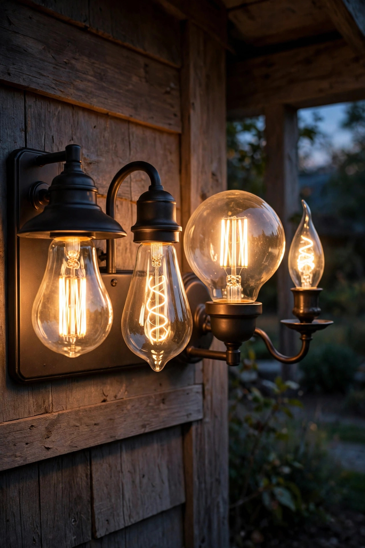 Assorted porch sconce bulb shapes including A19, teardrop filament, globe and candelabra styles