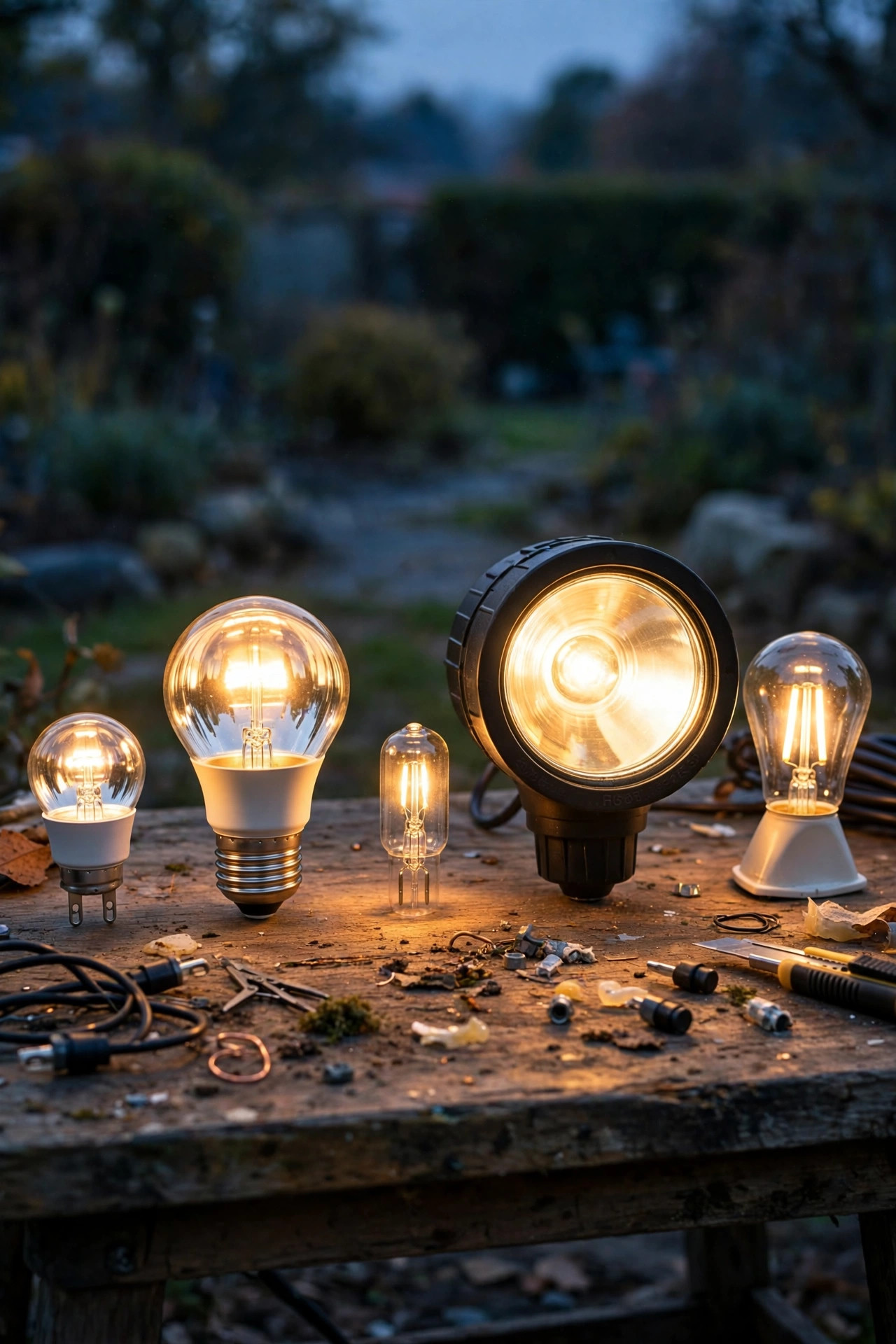 Landscape lighting bulb types compared side by side — MR16, G4, PAR36, MR11 and wedge base bulbs arranged on a workbench at dusk